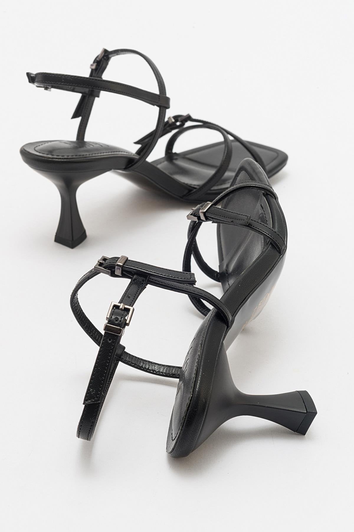 Nebel - Black Heeled Sandal – side view showing leather, black, Vowalisse