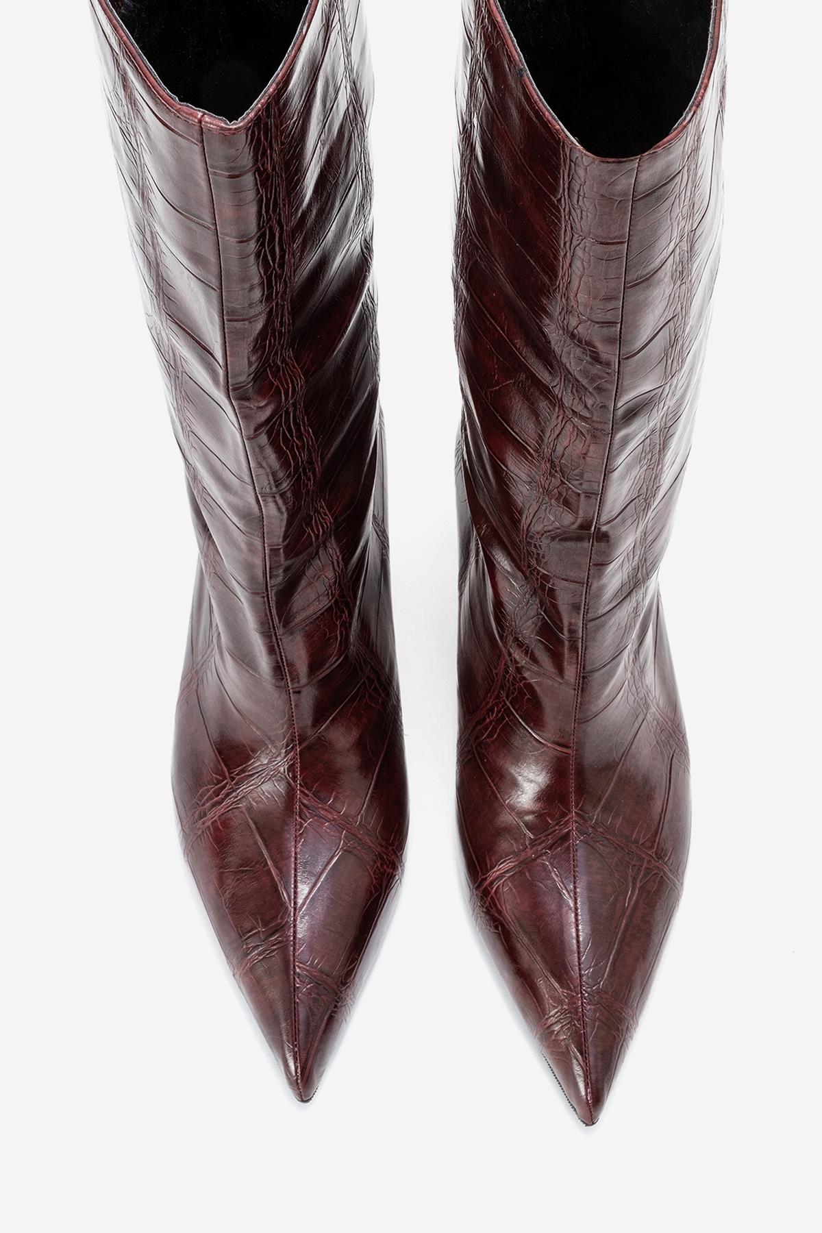 Crow - Burgundy Printed Pointed Toe Heeled Ankle Boot – front three-quarter view showing leather, Vowalisse
