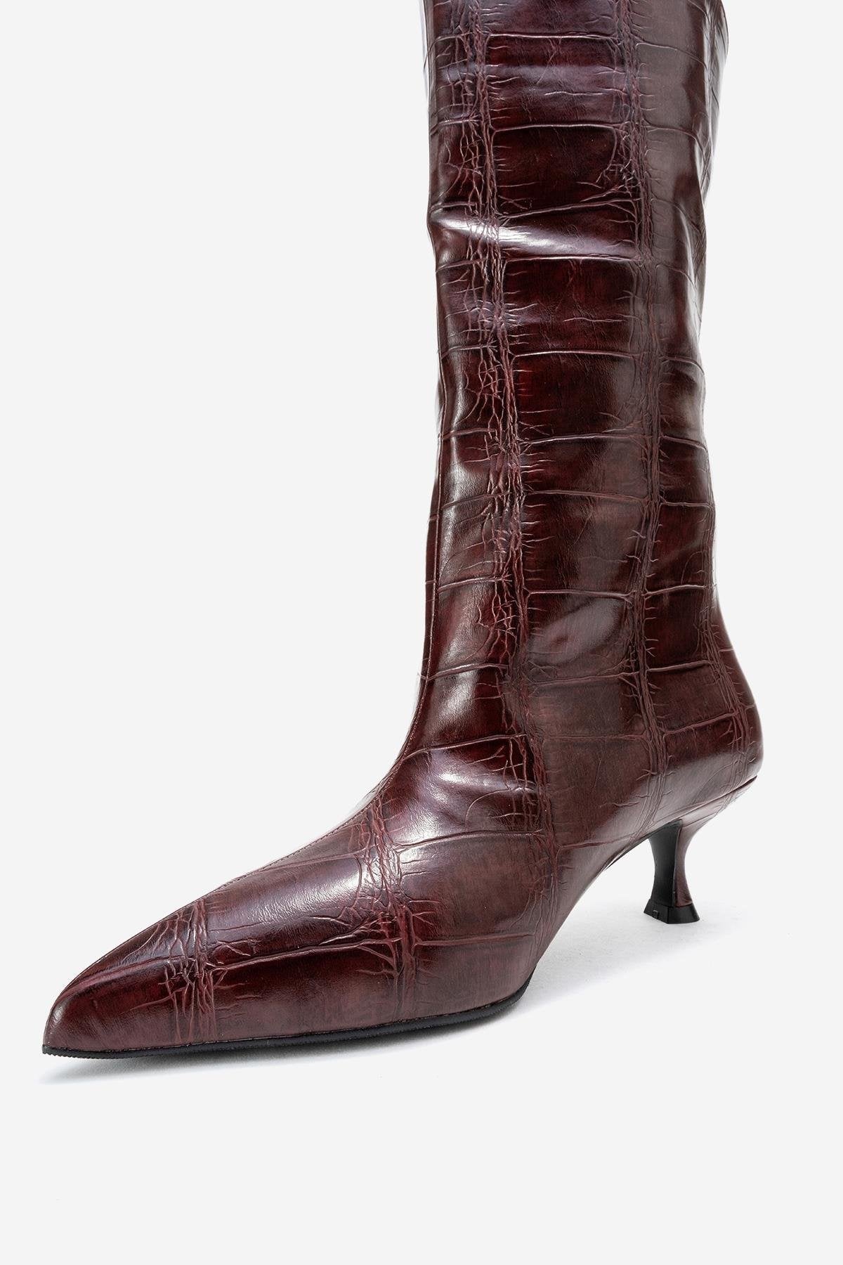 Crow - Burgundy Printed Pointed Toe Heeled Ankle Boot – detail view showing leather, Vowalisse