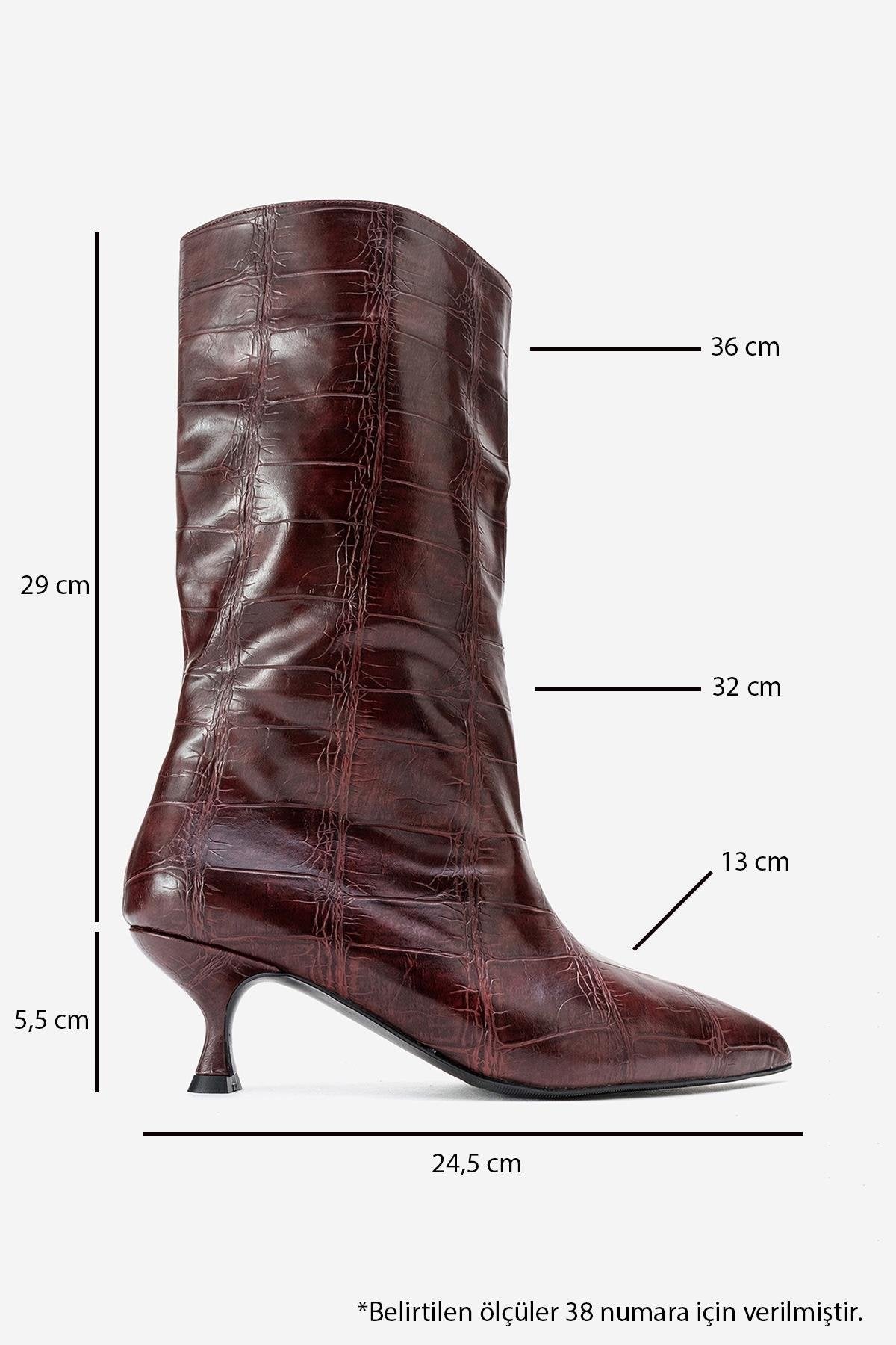 Crow - Burgundy Printed Pointed Toe Heeled Ankle Boot – back view showing leather, Vowalisse