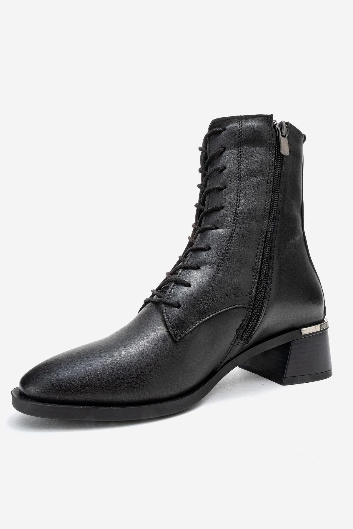 Avia - Black Genuine Leather Block Heel Boot – heel view showing leather, black, Vowalisse