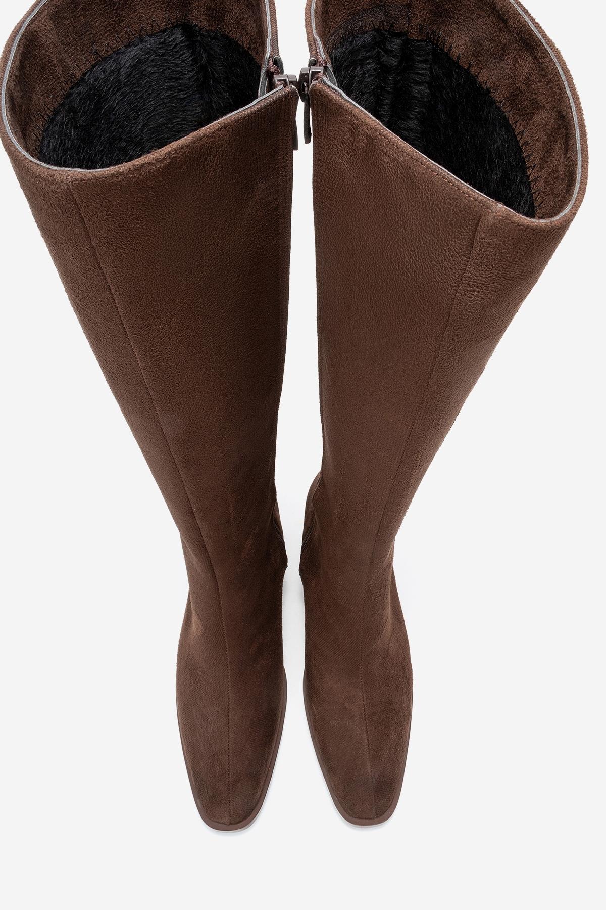 Venia - Brown Block Heel Boot – side view showing suede, Vowalisse