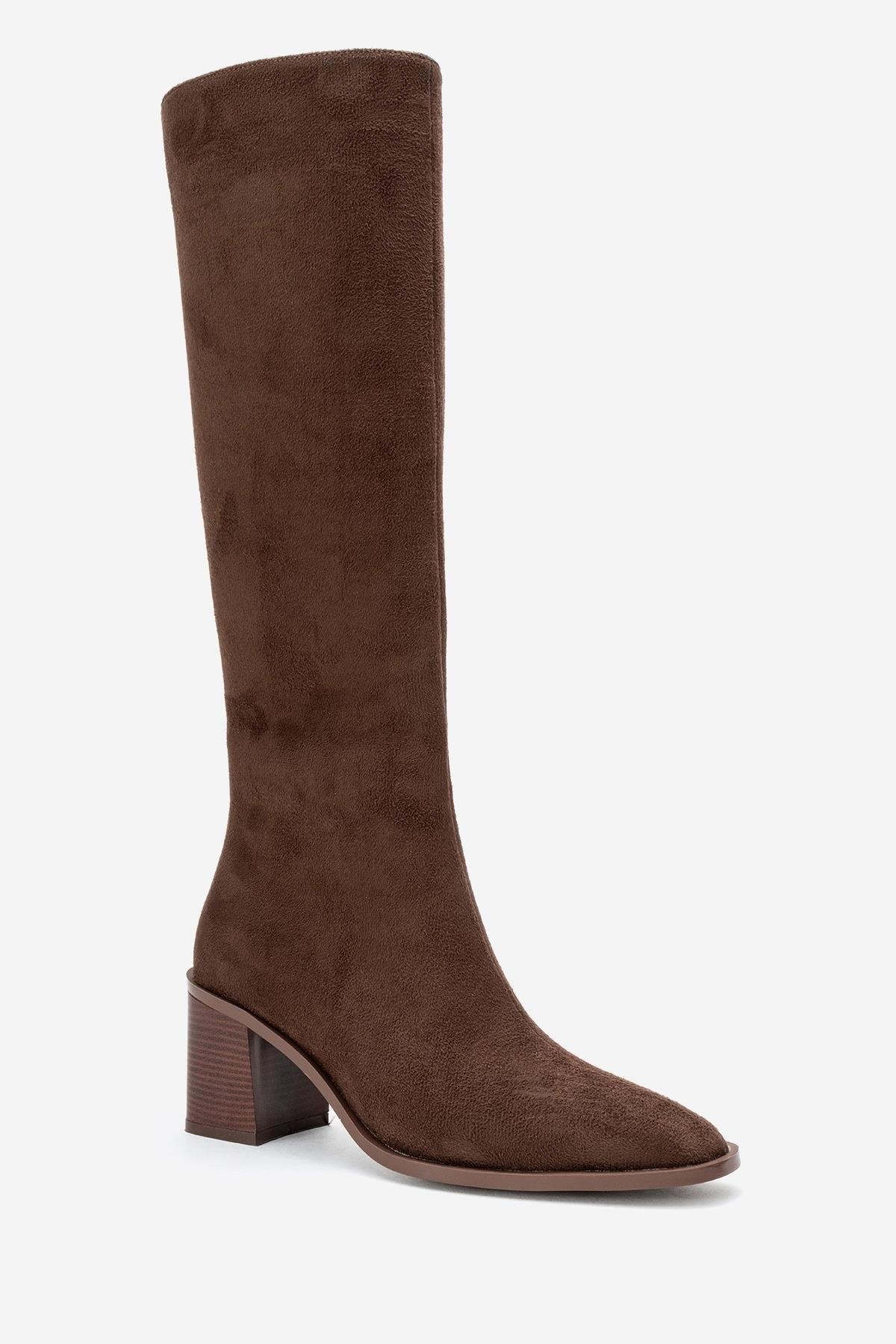 Venia - Brown Block Heel Boot – detail view showing suede, Vowalisse