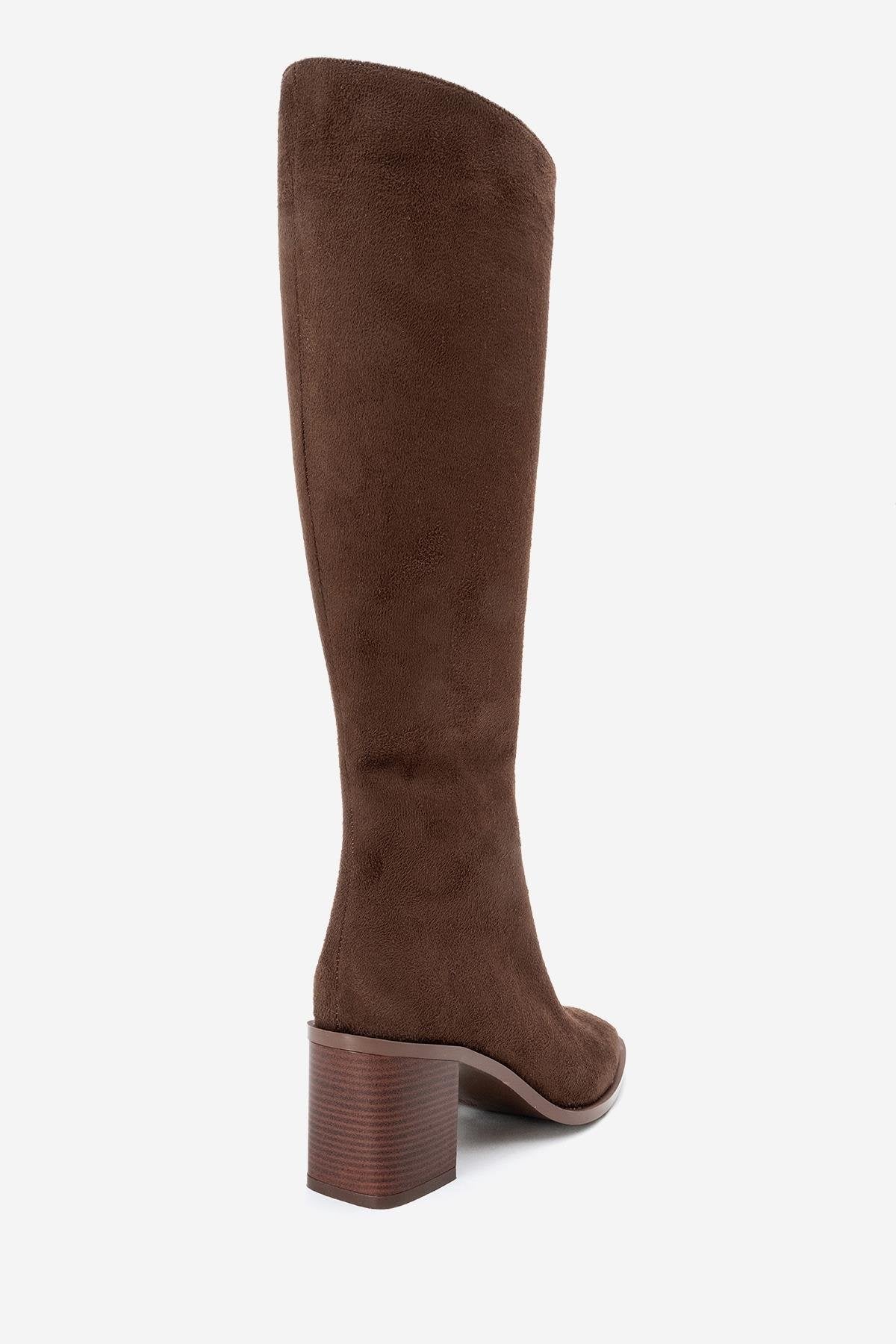 Venia - Brown Block Heel Boot – back view showing suede, Vowalisse