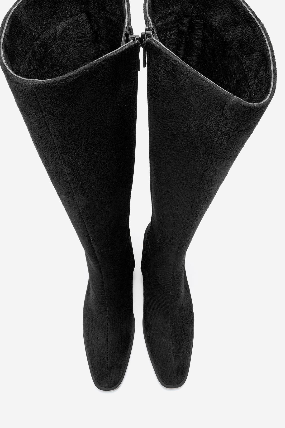 Venia - Black Block Heel Boot – side view showing suede, black, Vowalisse