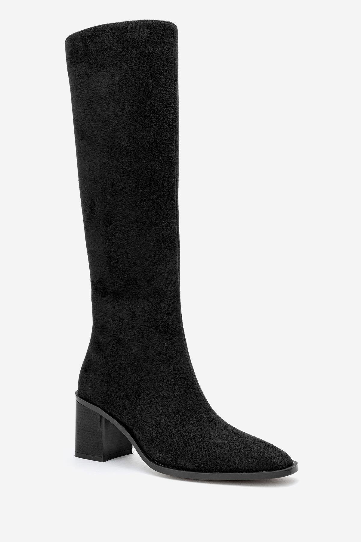 Venia - Black Block Heel Boot – detail view showing suede, black, Vowalisse