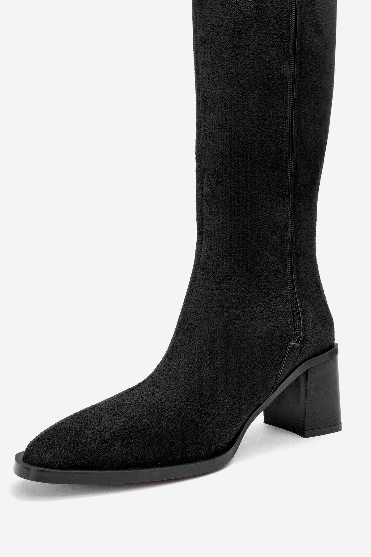 Venia - Black Block Heel Boot – heel view showing suede, black, Vowalisse