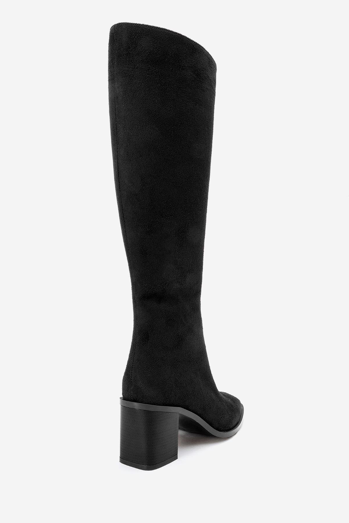 Venia - Black Block Heel Boot – back view showing suede, black, Vowalisse