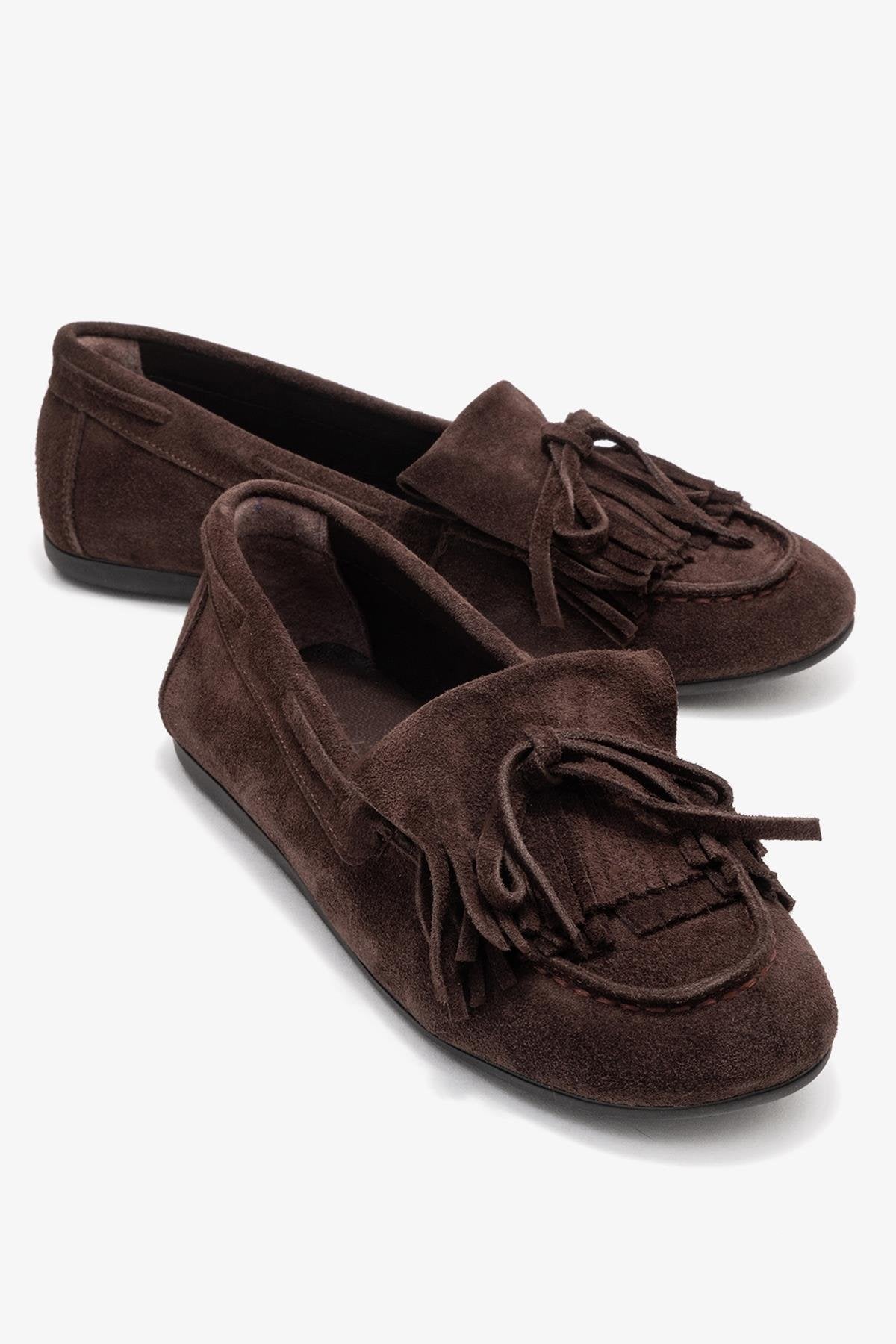 Axeli - Brown Genuine Leather Bow Fringe Loafer – front three-quarter view showing bow, leather, Vowalisse