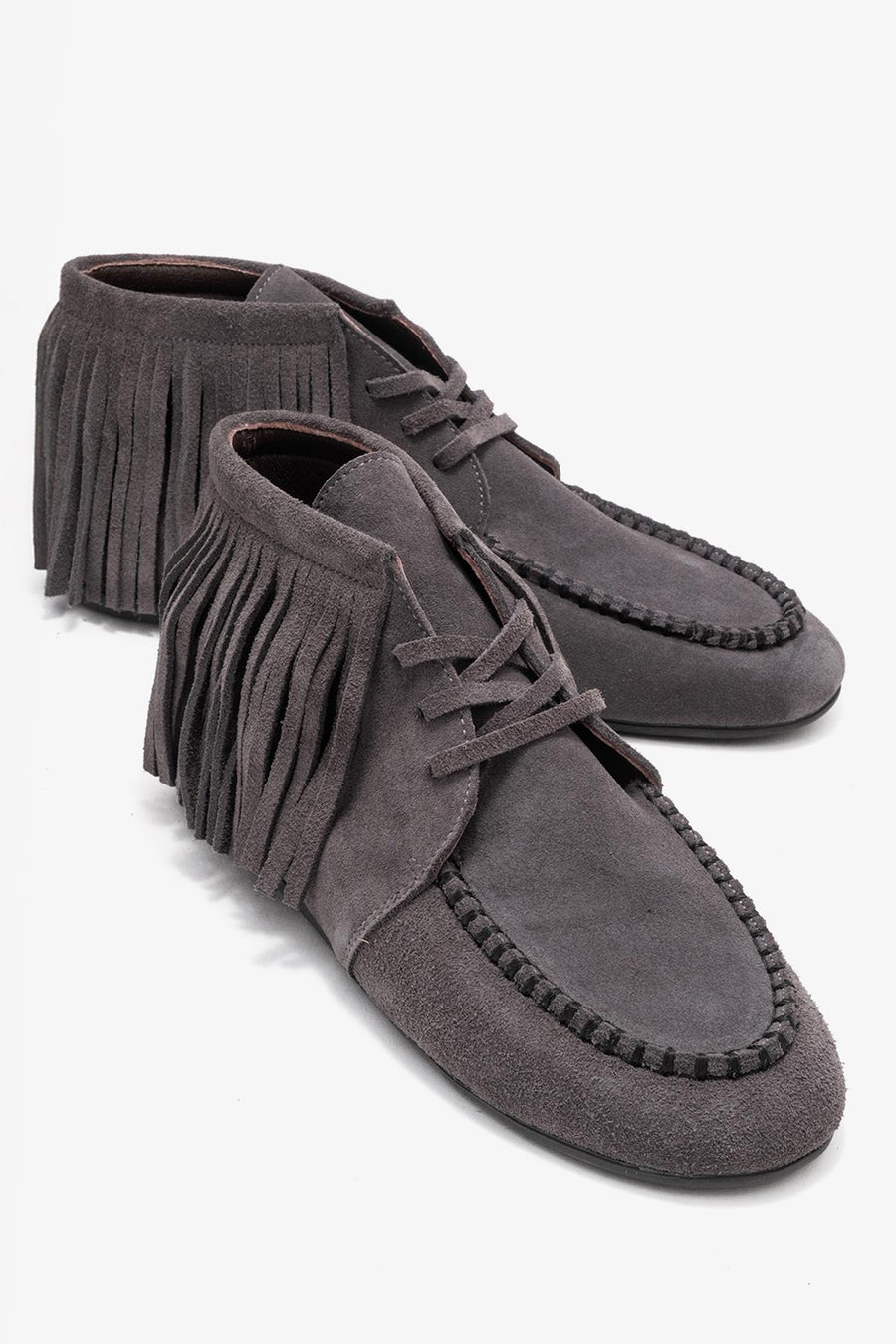 Raux - Smoke Suede Genuine Leather Fringed Ankle Boot
