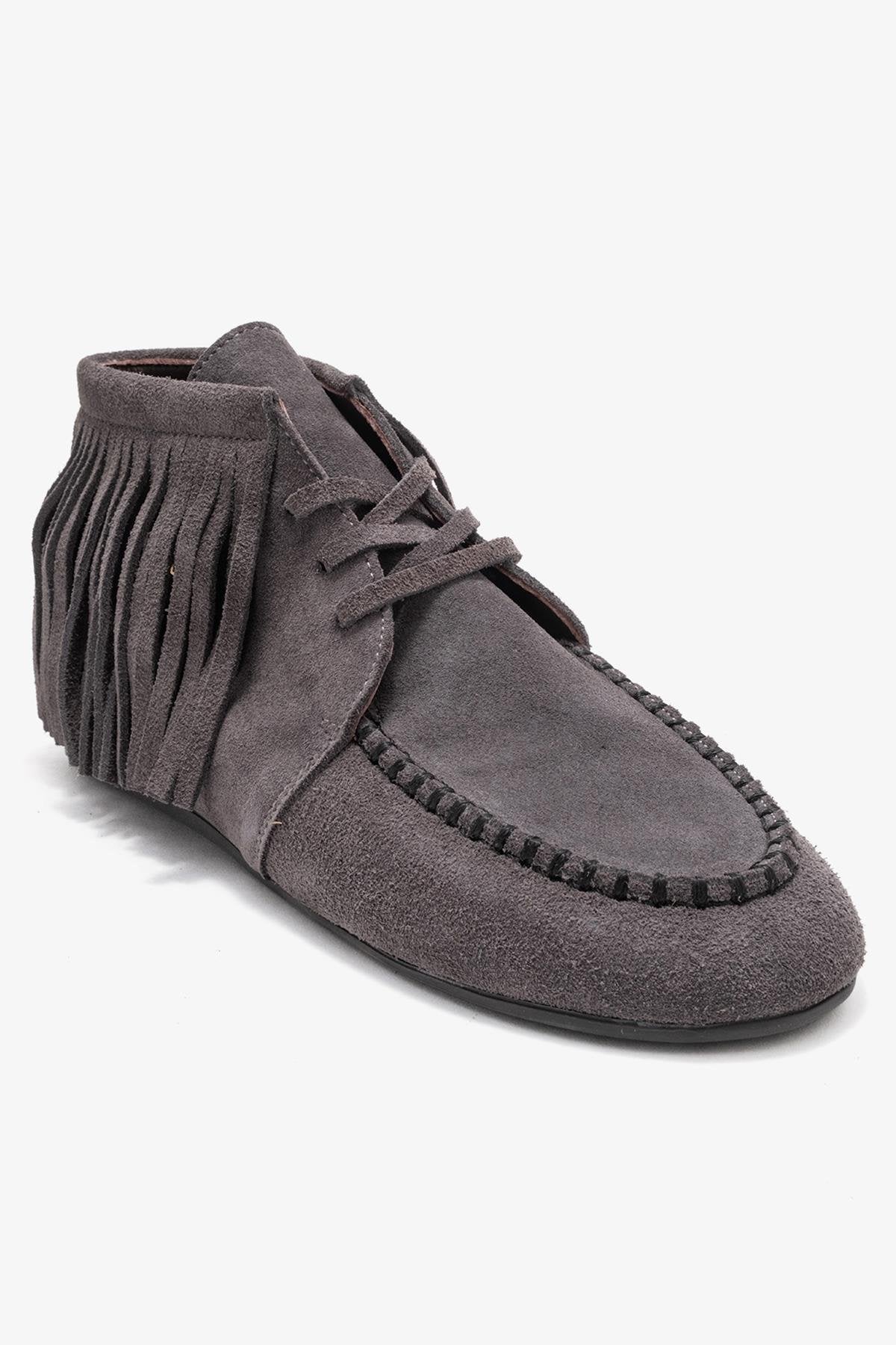 Raux - Smoke Suede Genuine Leather Fringed Ankle Boot – detail view showing leather, suede, Vowalisse