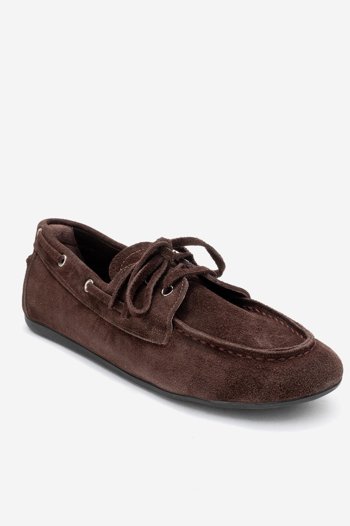 Serelis - Brown Suede Genuine Leather Lace-Up Loafer – detail view showing lace, leather, suede, Vowalisse