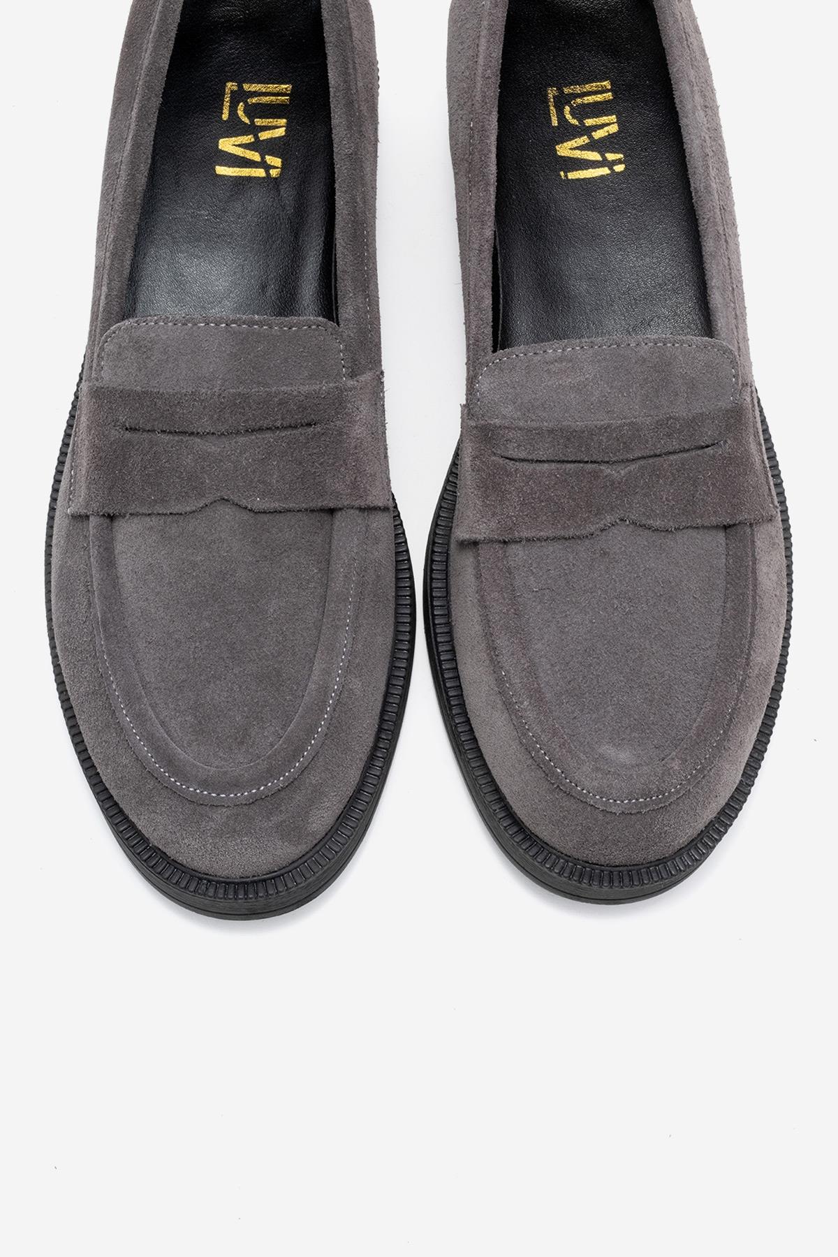 Bree - Smoke Suede Genuine Leather Loafer – side view showing leather, suede, Vowalisse