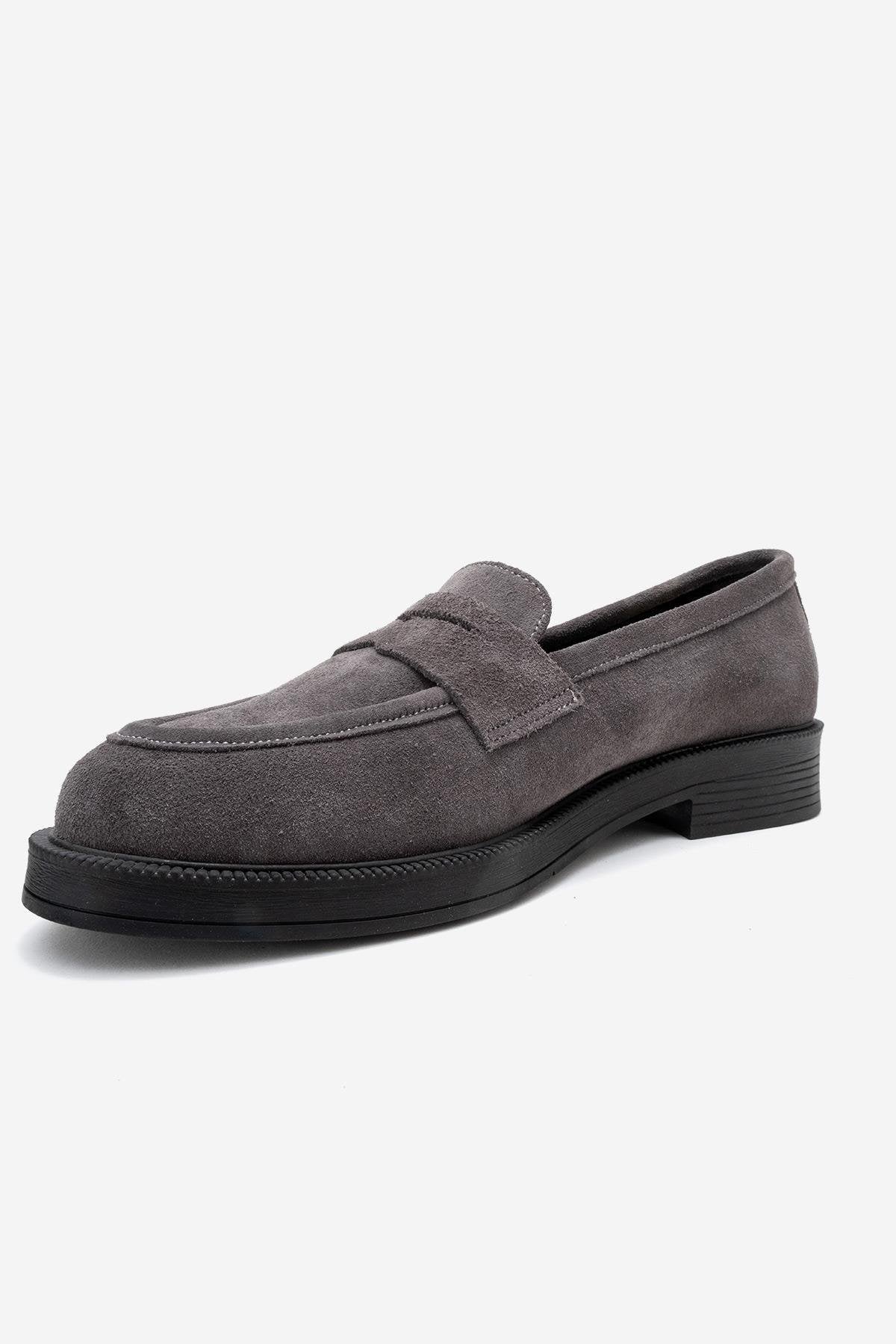 Bree - Smoke Suede Genuine Leather Loafer – heel view showing leather, suede, Vowalisse