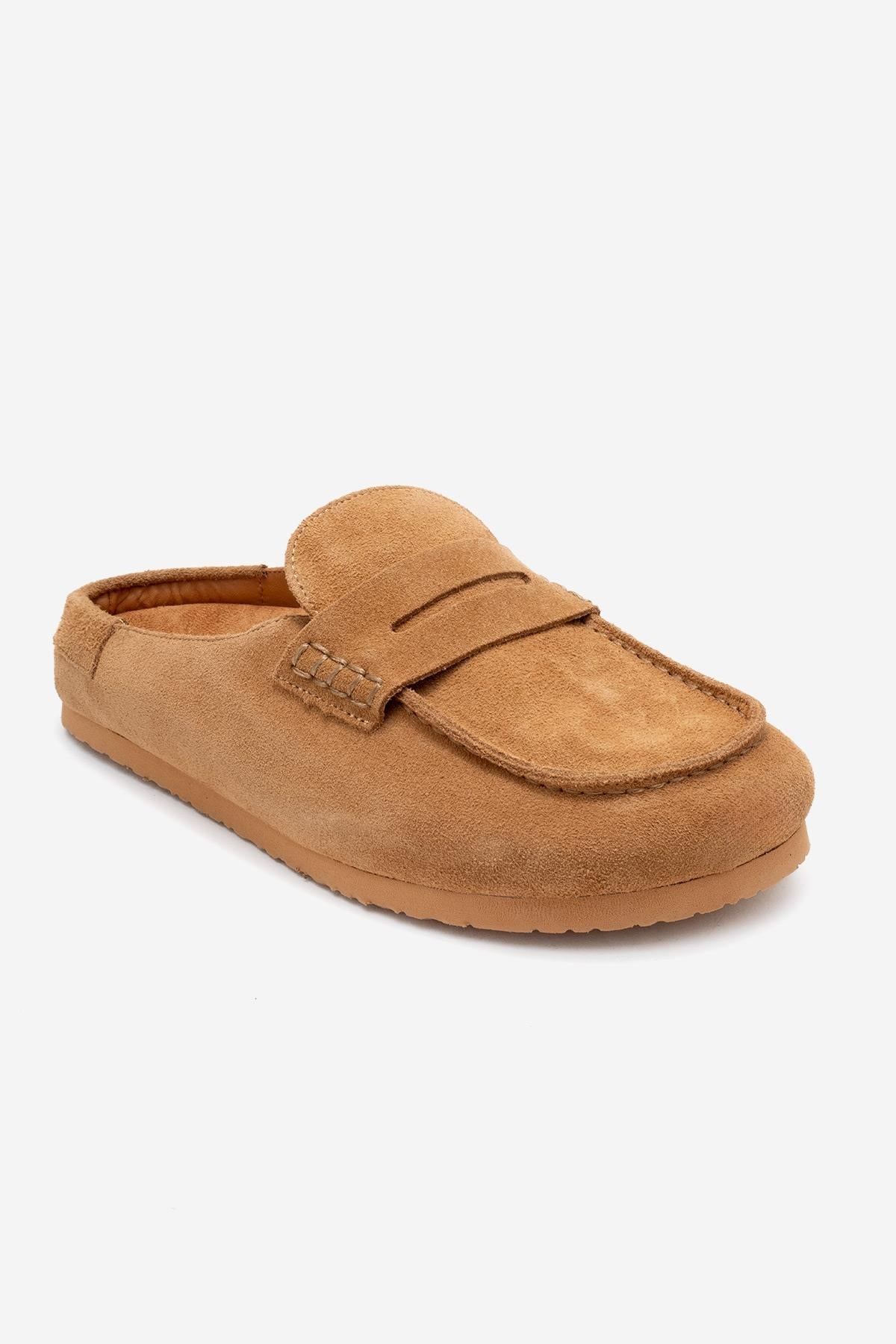 Priva - Taupe Suede Genuine Leather Slip-On Mule – detail view showing leather, suede, Vowalisse