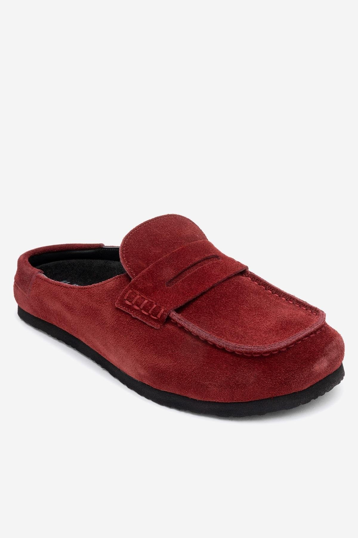 Priva - Burgundy Suede Genuine Leather Slip-On Mule – detail view showing leather, suede, Vowalisse