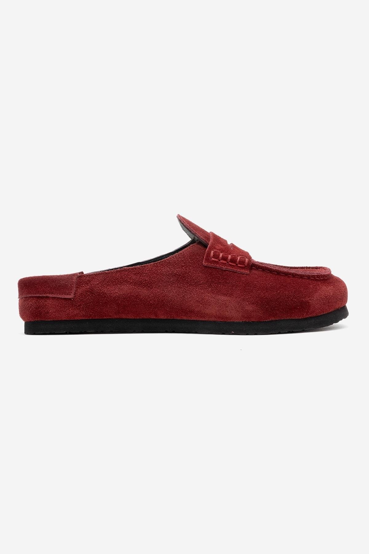 Priva - Burgundy Suede Genuine Leather Slip-On Mule – top view showing leather, suede, Vowalisse