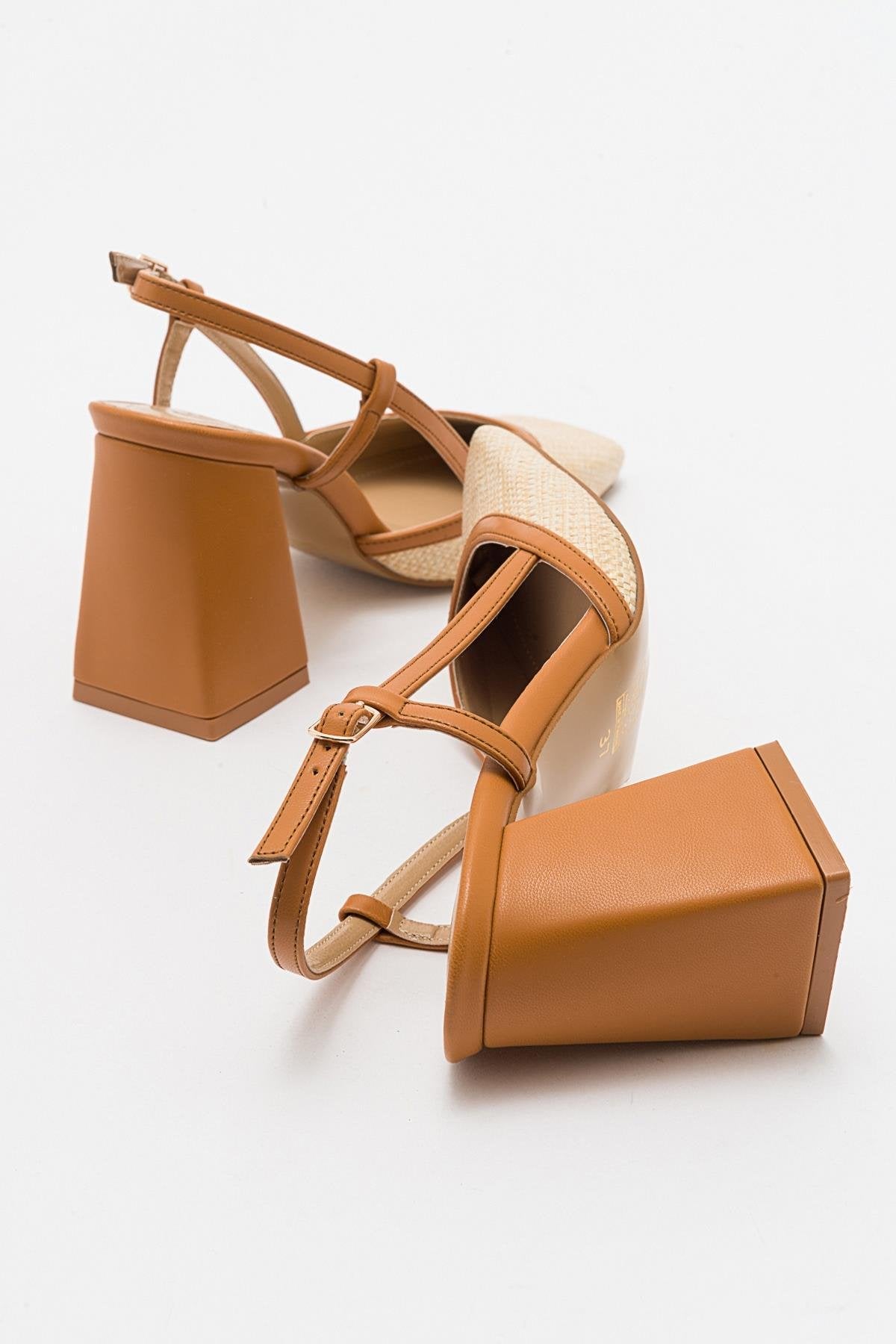 Rivie - Cognac Raffia Round Toe Chunky Heel Shoe – side view showing leather, Vowalisse