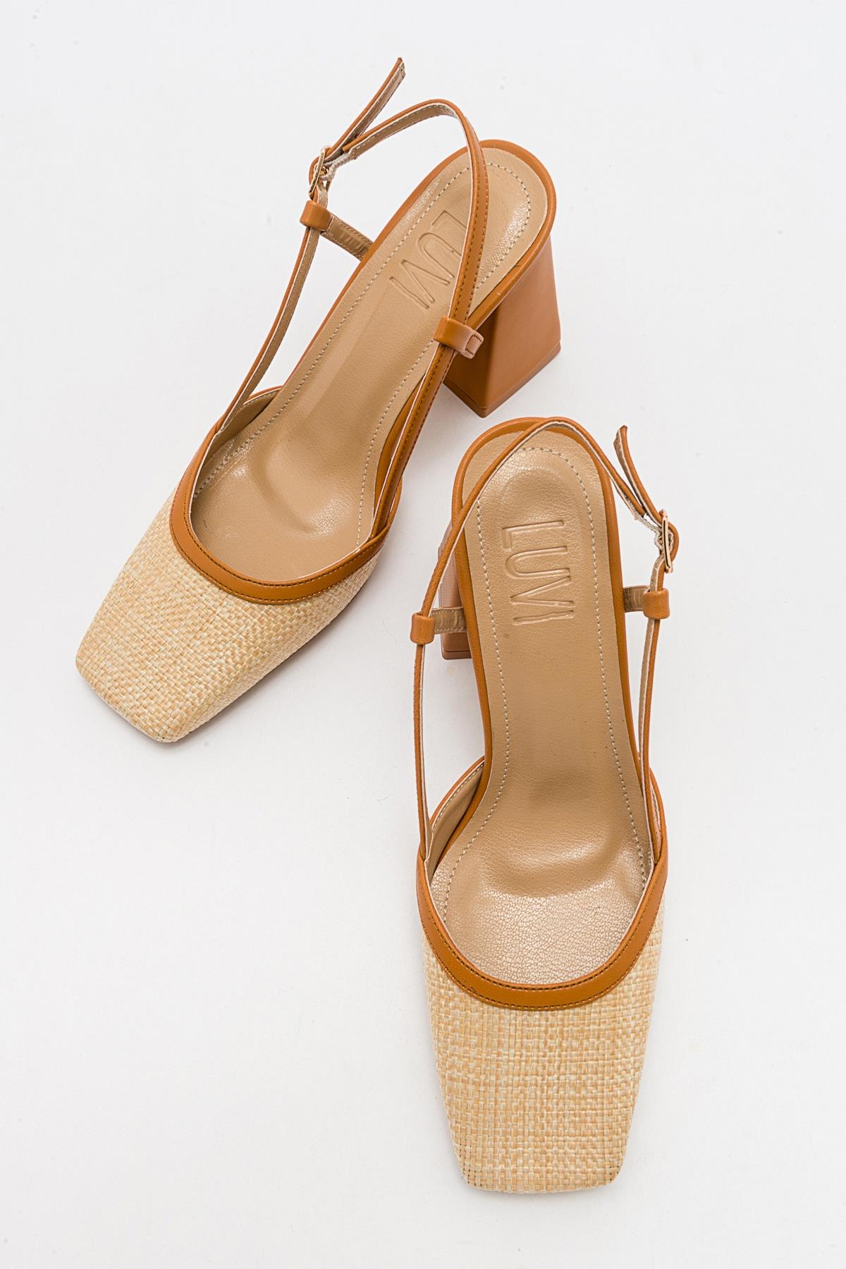 Rivie - Cognac Raffia Round Toe Chunky Heel Shoe – heel view showing leather, Vowalisse