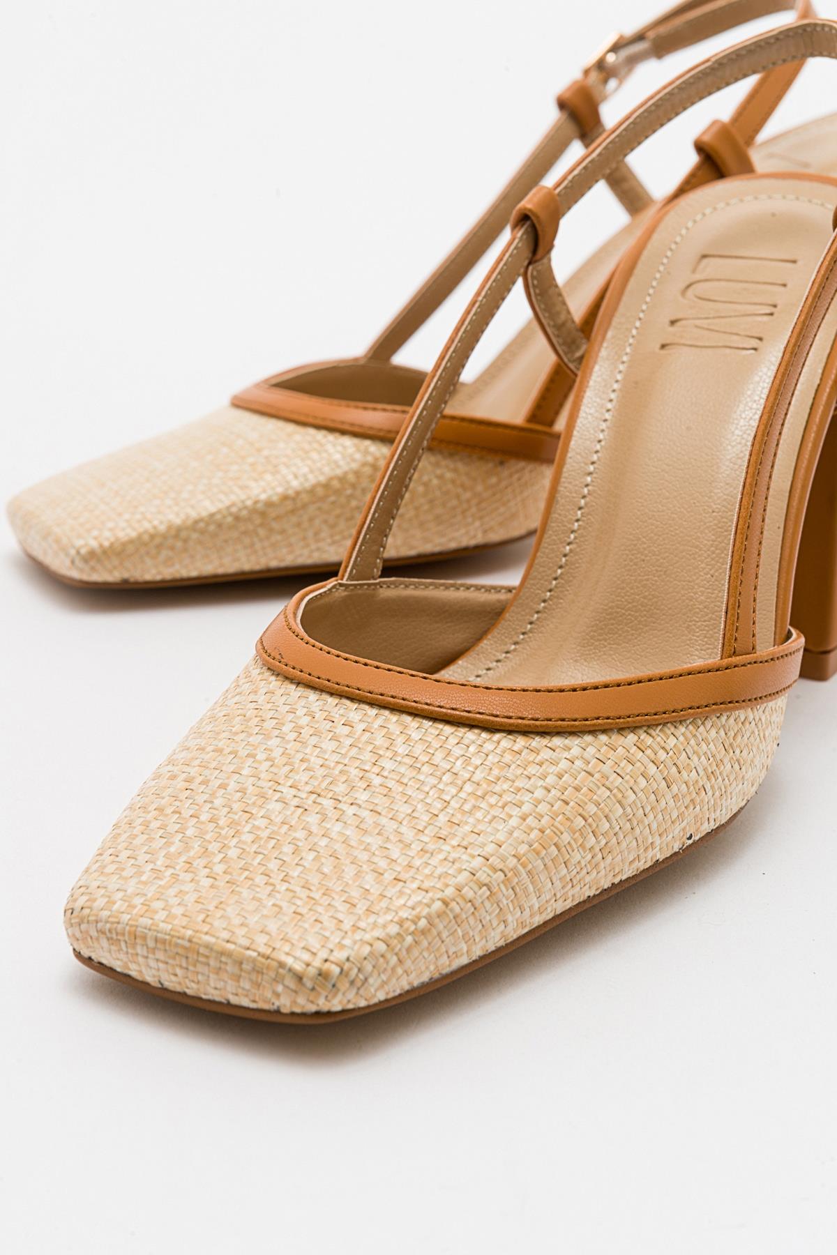 Rivie - Cognac Raffia Round Toe Chunky Heel Shoe – back view showing leather, Vowalisse
