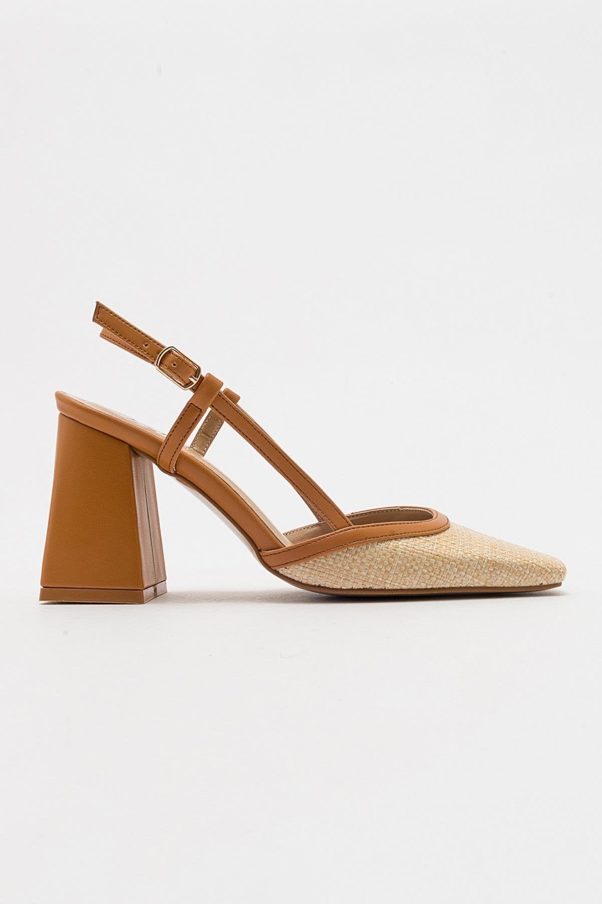 Rivie - Cognac Raffia Round Toe Chunky Heel Shoe – top view showing leather, Vowalisse