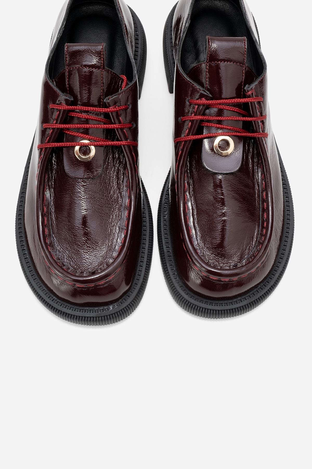Band - Burgundy Crinkled Patent Genuine Leather Lace-Up Loafer – side view showing lace, leather, Vowalisse
