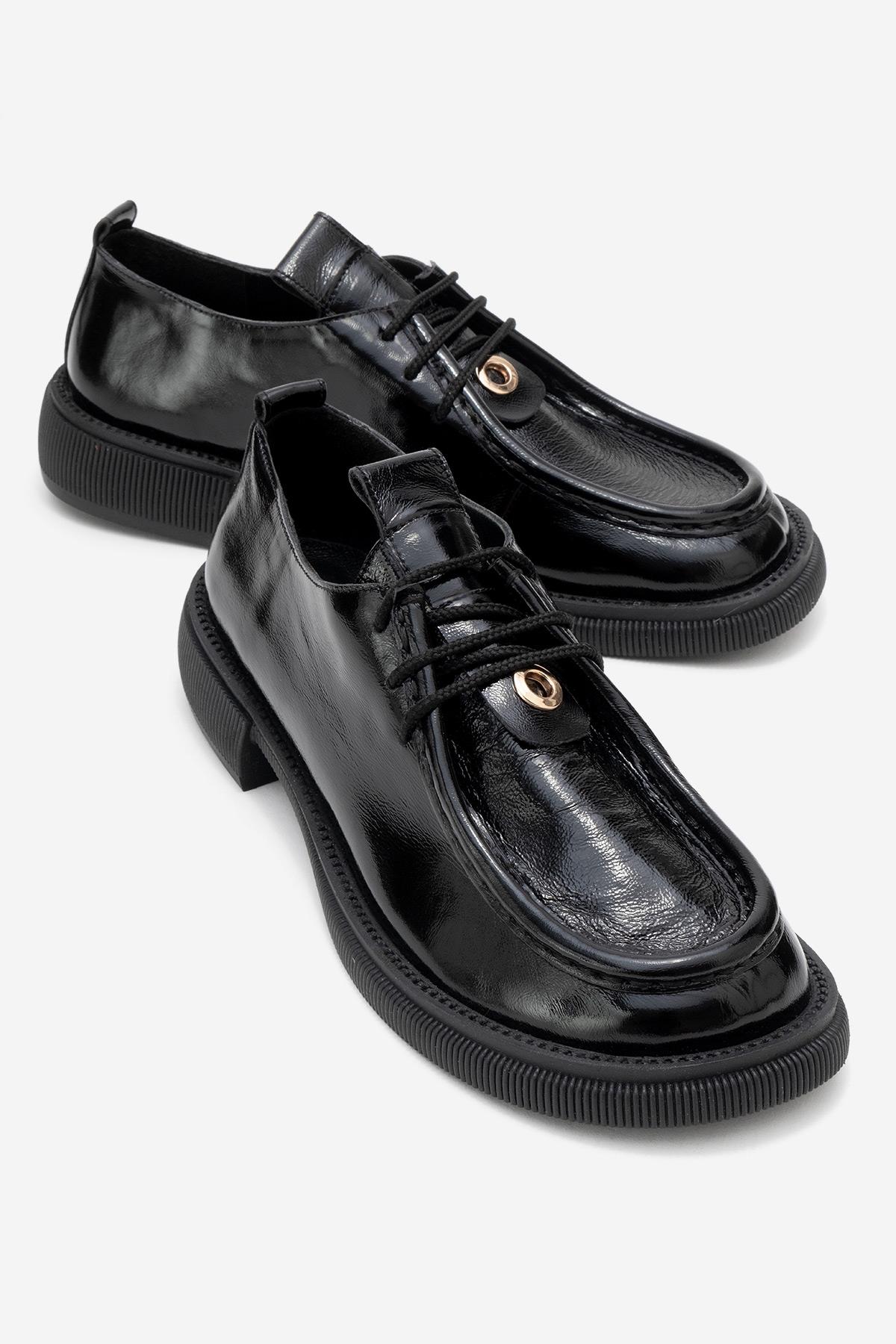 Band - Black Crinkled Patent Genuine Leather Lace-Up Loafer – front three-quarter view showing lace, leather, black…
