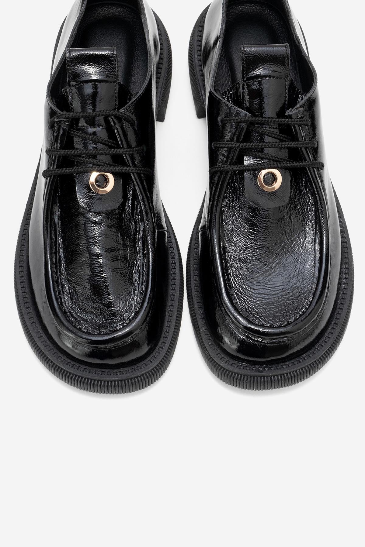 Band - Black Crinkled Patent Genuine Leather Lace-Up Loafer – side view showing lace, leather, black, Vowalisse
