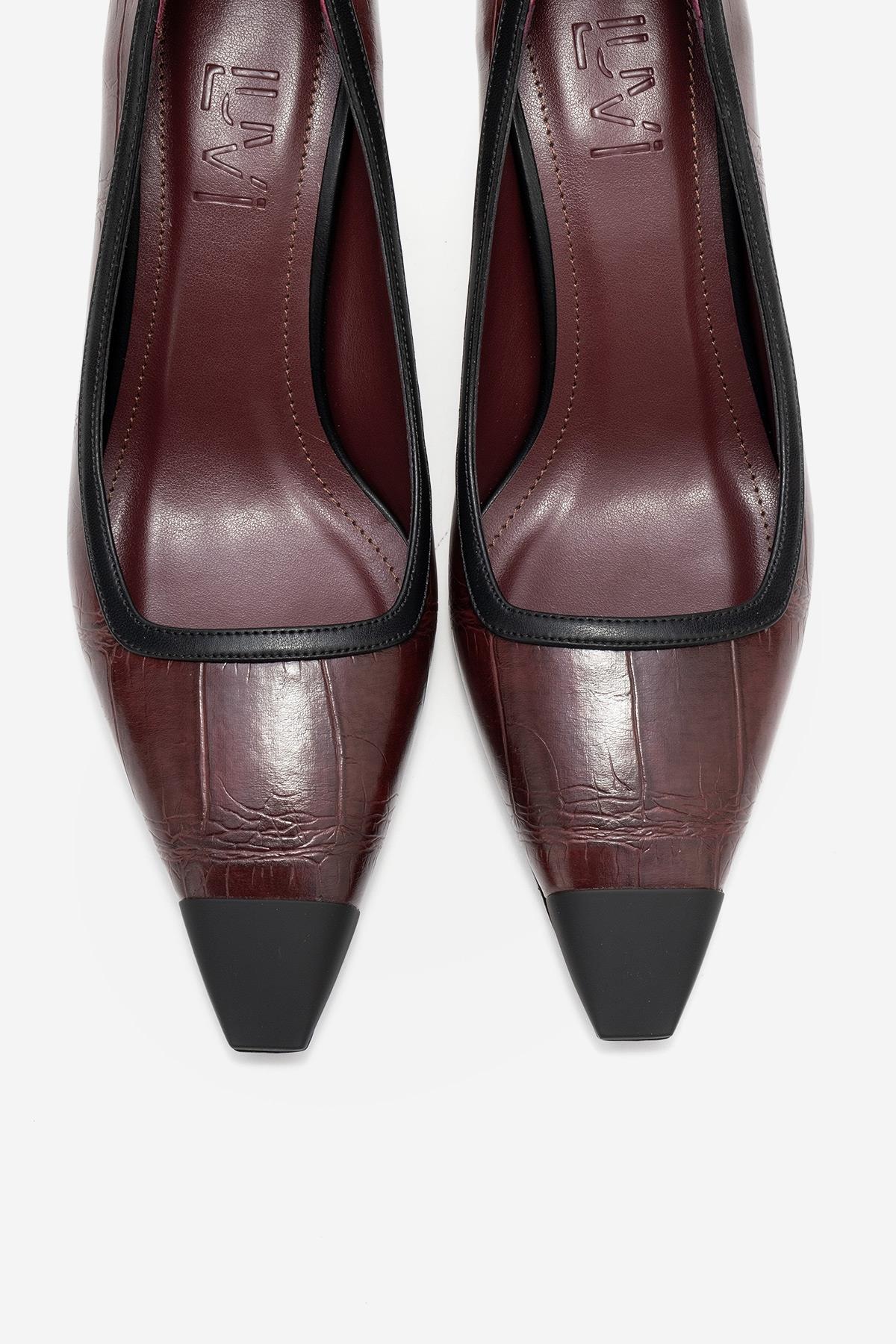 Rona - Burgundy Printed Matte Toe Heeled Shoe – side view showing leather, Vowalisse