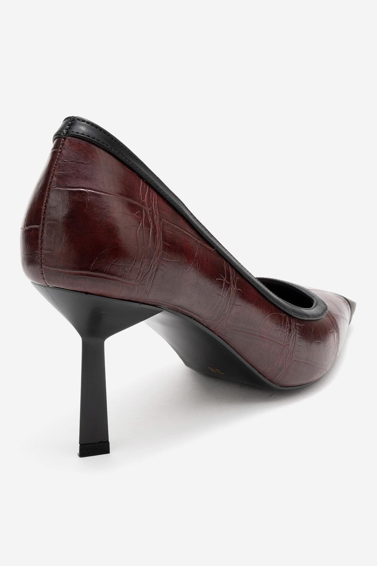 Rona - Burgundy Printed Matte Toe Heeled Shoe – back view showing leather, Vowalisse