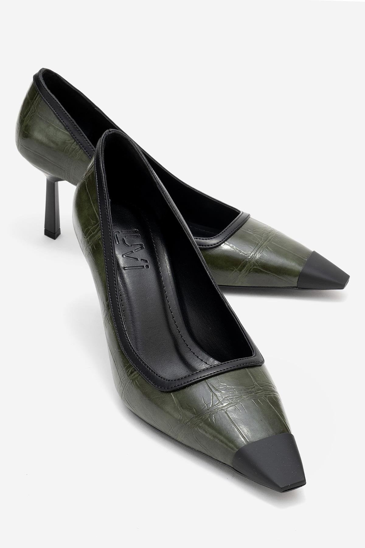 Rona - Green Printed Matte Toe Heeled Shoe – front three-quarter view showing leather, green, Vowalisse