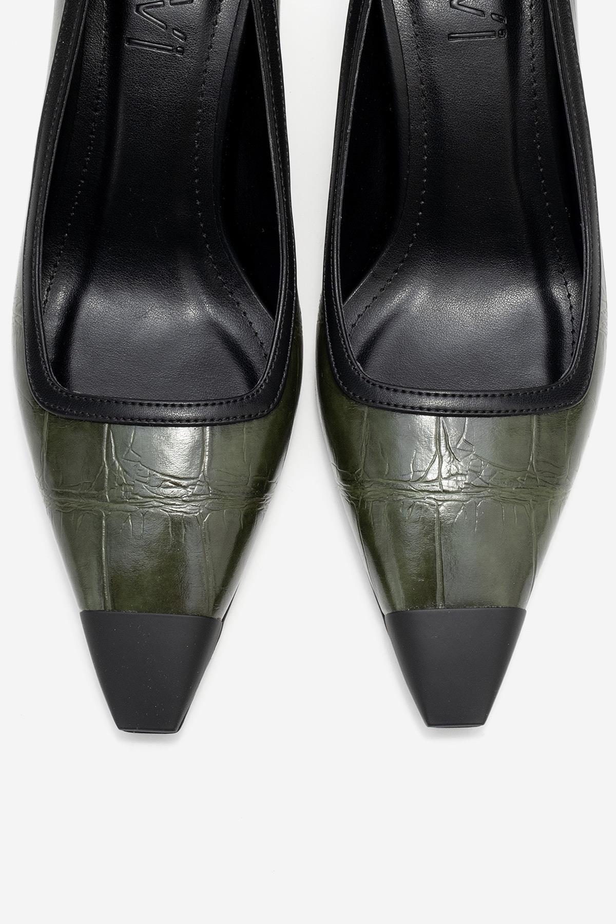Rona - Green Printed Matte Toe Heeled Shoe – side view showing leather, green, Vowalisse
