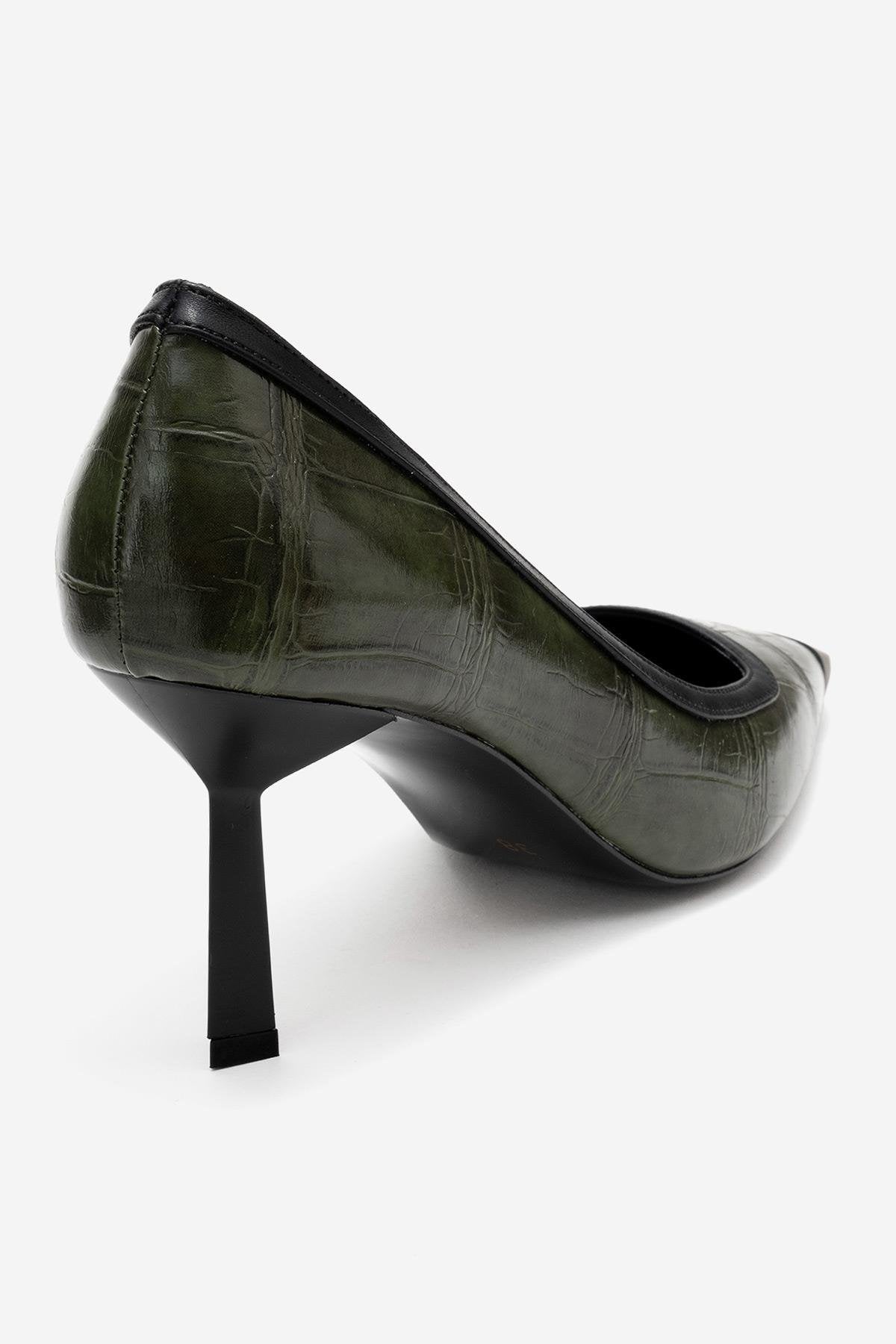 Rona - Green Printed Matte Toe Heeled Shoe – back view showing leather, green, Vowalisse