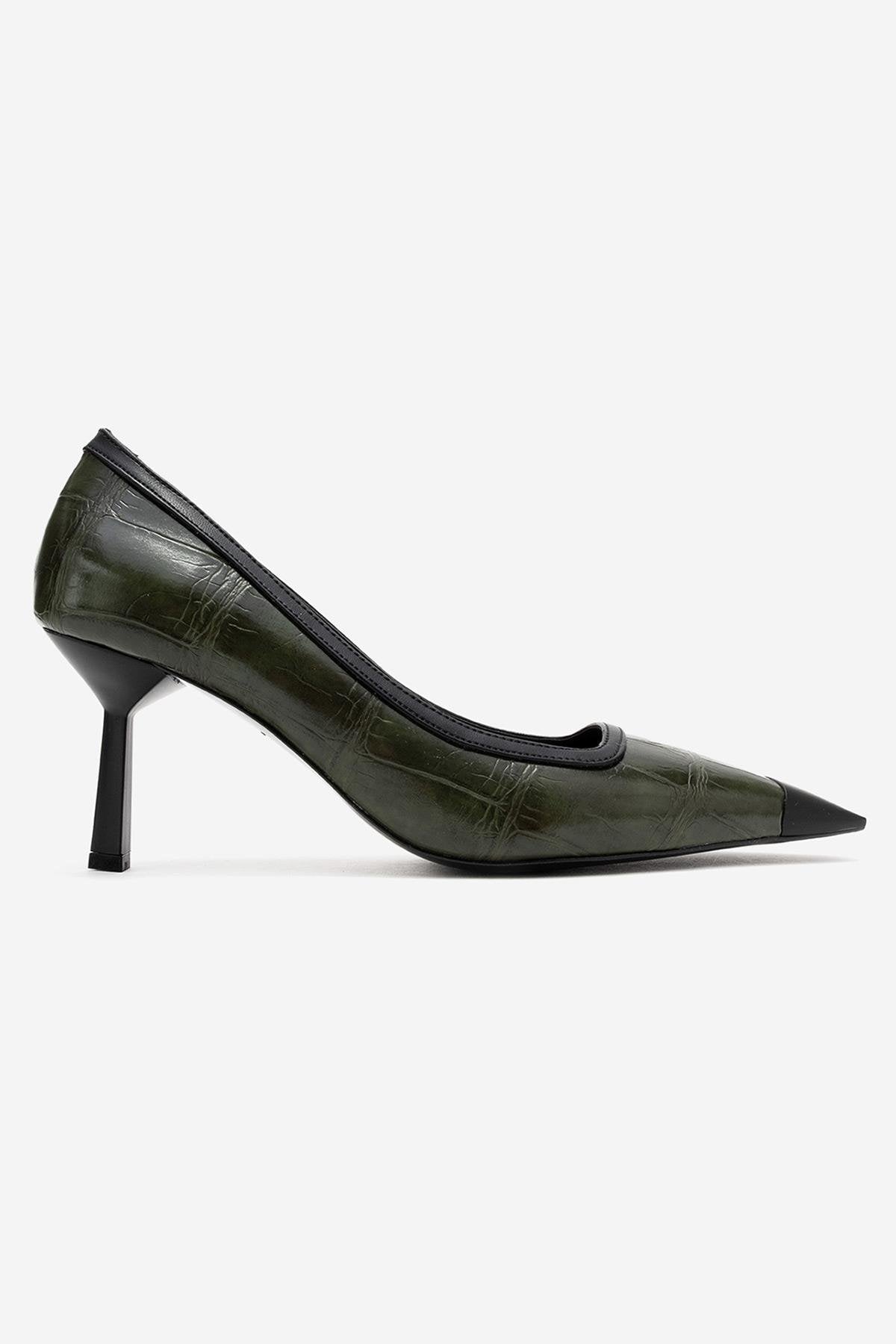 Rona - Green Printed Matte Toe Heeled Shoe – top view showing leather, green, Vowalisse