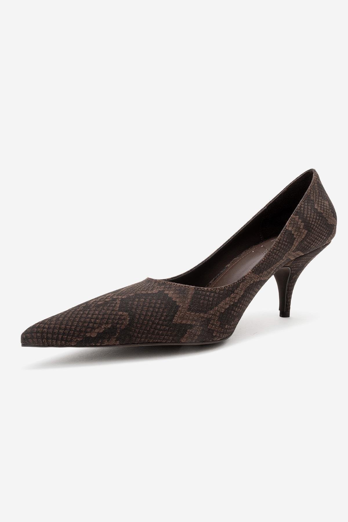 Marcus - Brown Patterned Heeled Shoe – heel view showing leather, Vowalisse