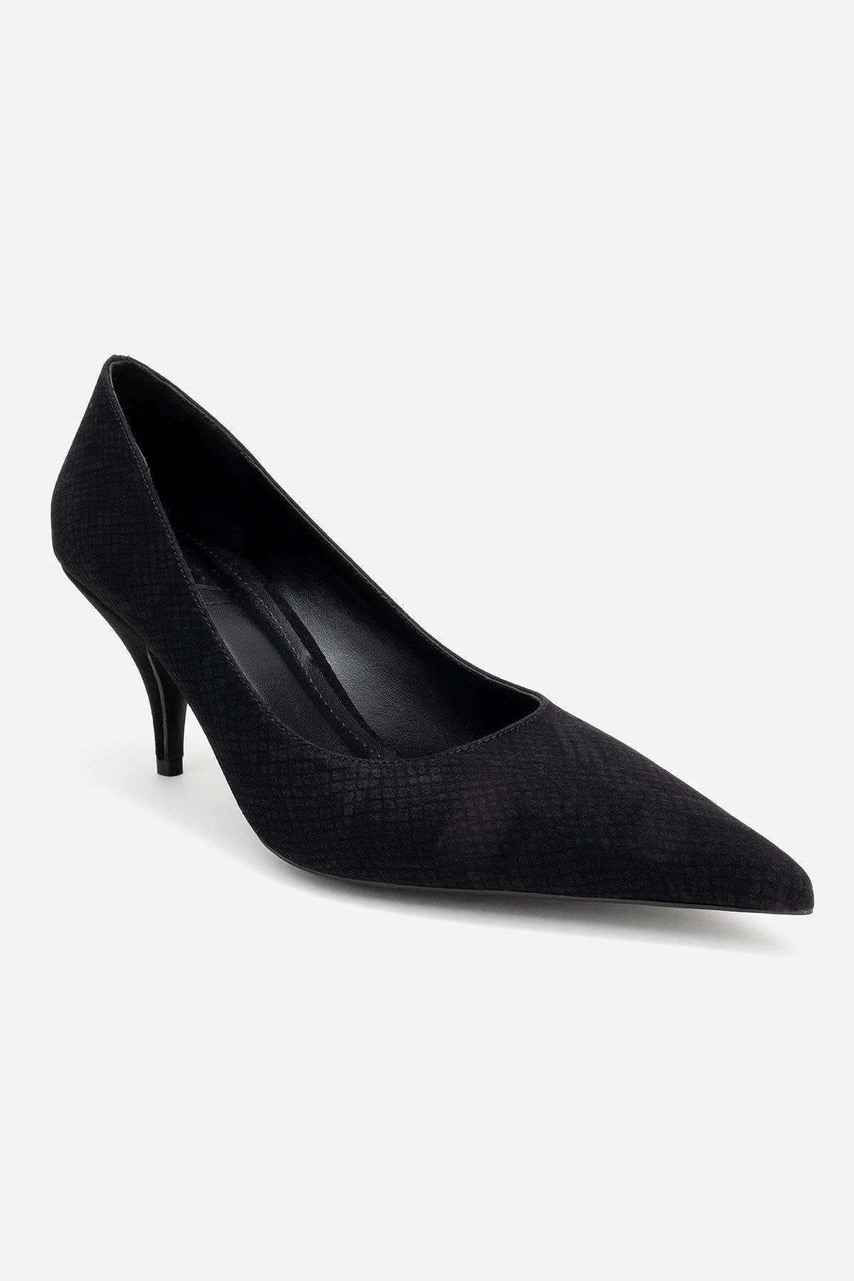 Marcus - Black Patterned Heeled Shoe – detail view showing leather, black, red, Vowalisse
