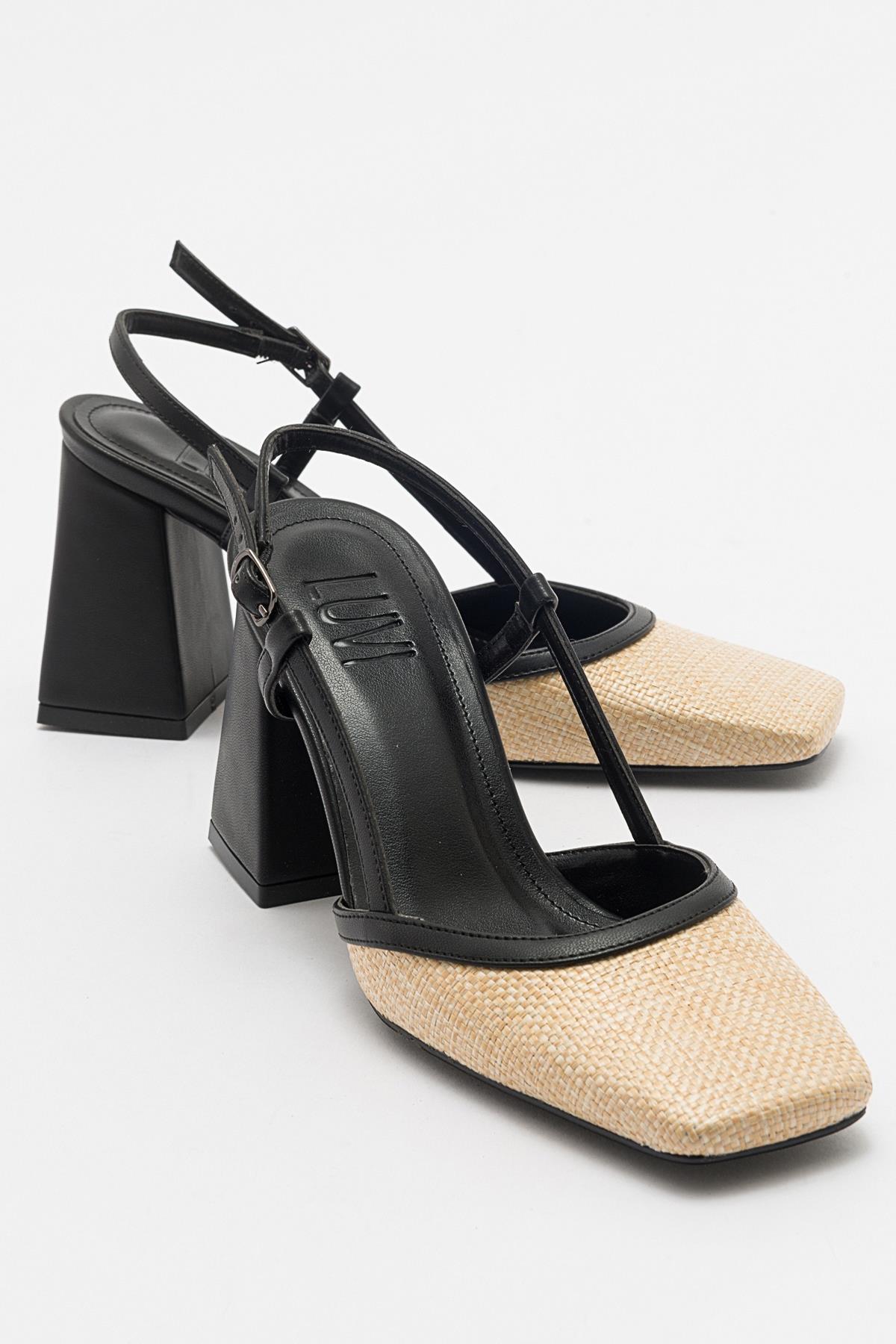 Rivie - Black Raffia Round Toe Chunky Heel Shoe – front three-quarter view showing leather, black, Vowalisse