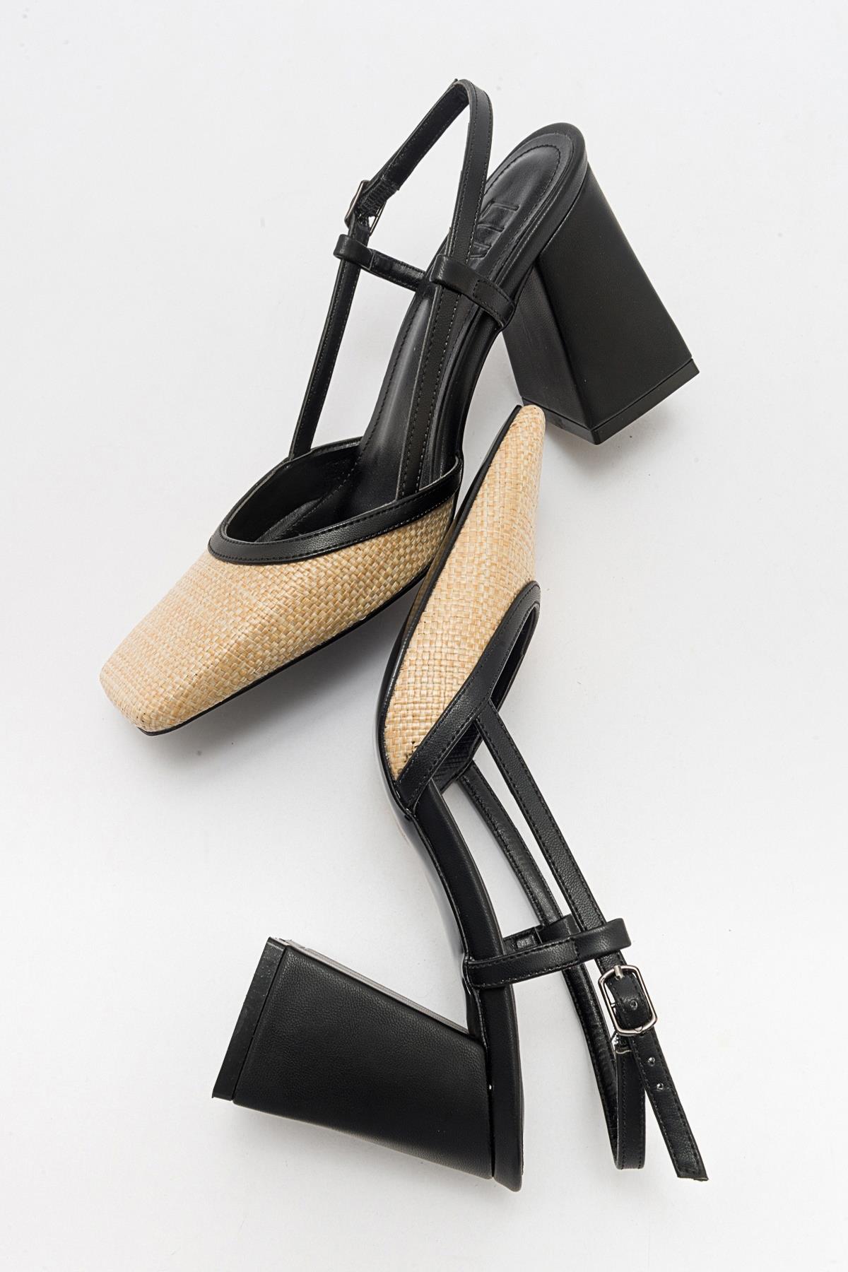 Rivie - Black Raffia Round Toe Chunky Heel Shoe – side view showing leather, black, Vowalisse