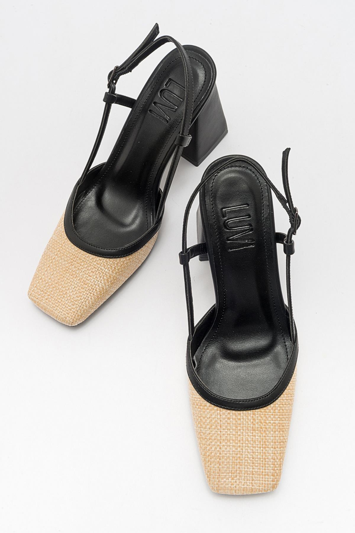 Rivie - Black Raffia Round Toe Chunky Heel Shoe – detail view showing leather, black, Vowalisse