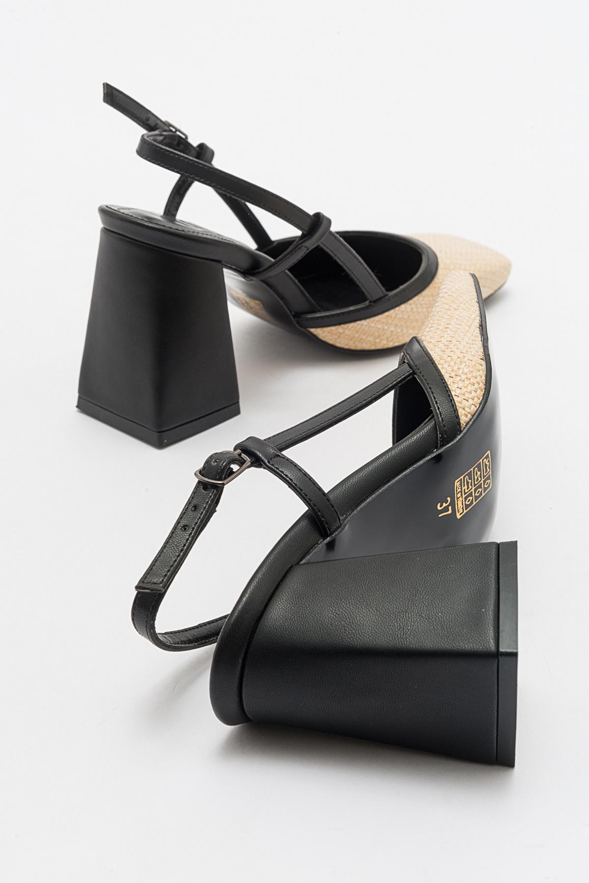 Rivie - Black Raffia Round Toe Chunky Heel Shoe – heel view showing leather, black, Vowalisse