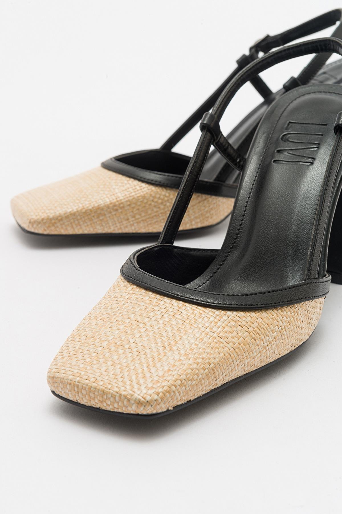 Rivie - Black Raffia Round Toe Chunky Heel Shoe – back view showing leather, black, Vowalisse