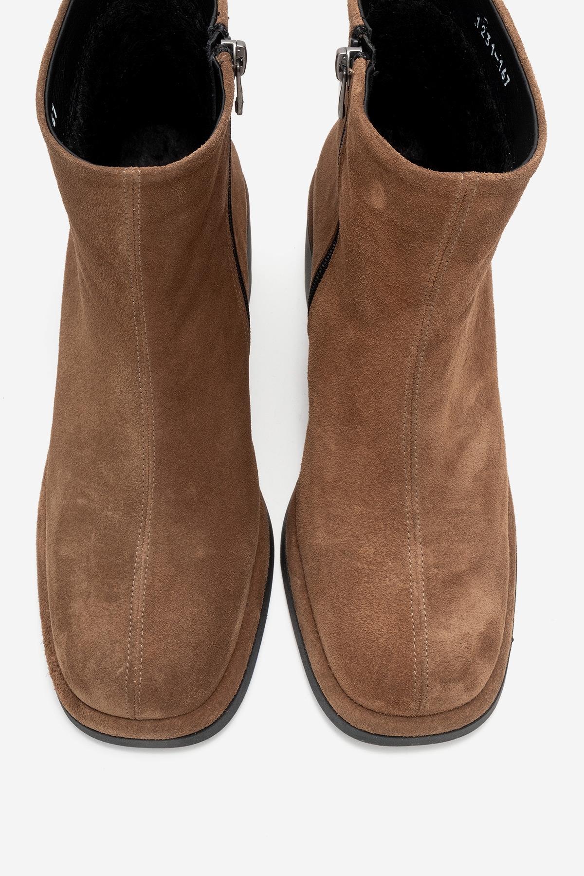 Junae - Cognac Genuine Leather Block Heel Boot – side view showing leather, suede, Vowalisse