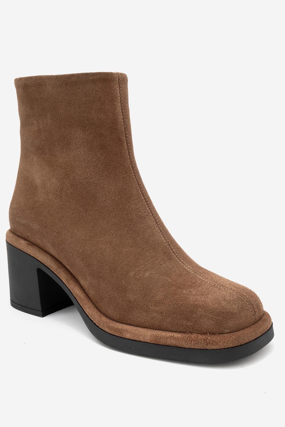 Junae - Cognac Genuine Leather Block Heel Boot – detail view showing leather, suede, Vowalisse