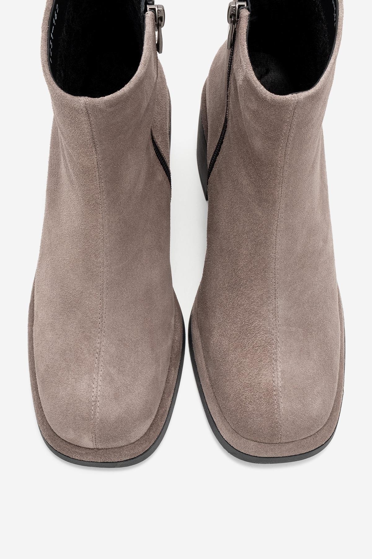 Junae - Taupe Genuine Leather Block Heel Boot – side view showing leather, suede, Vowalisse