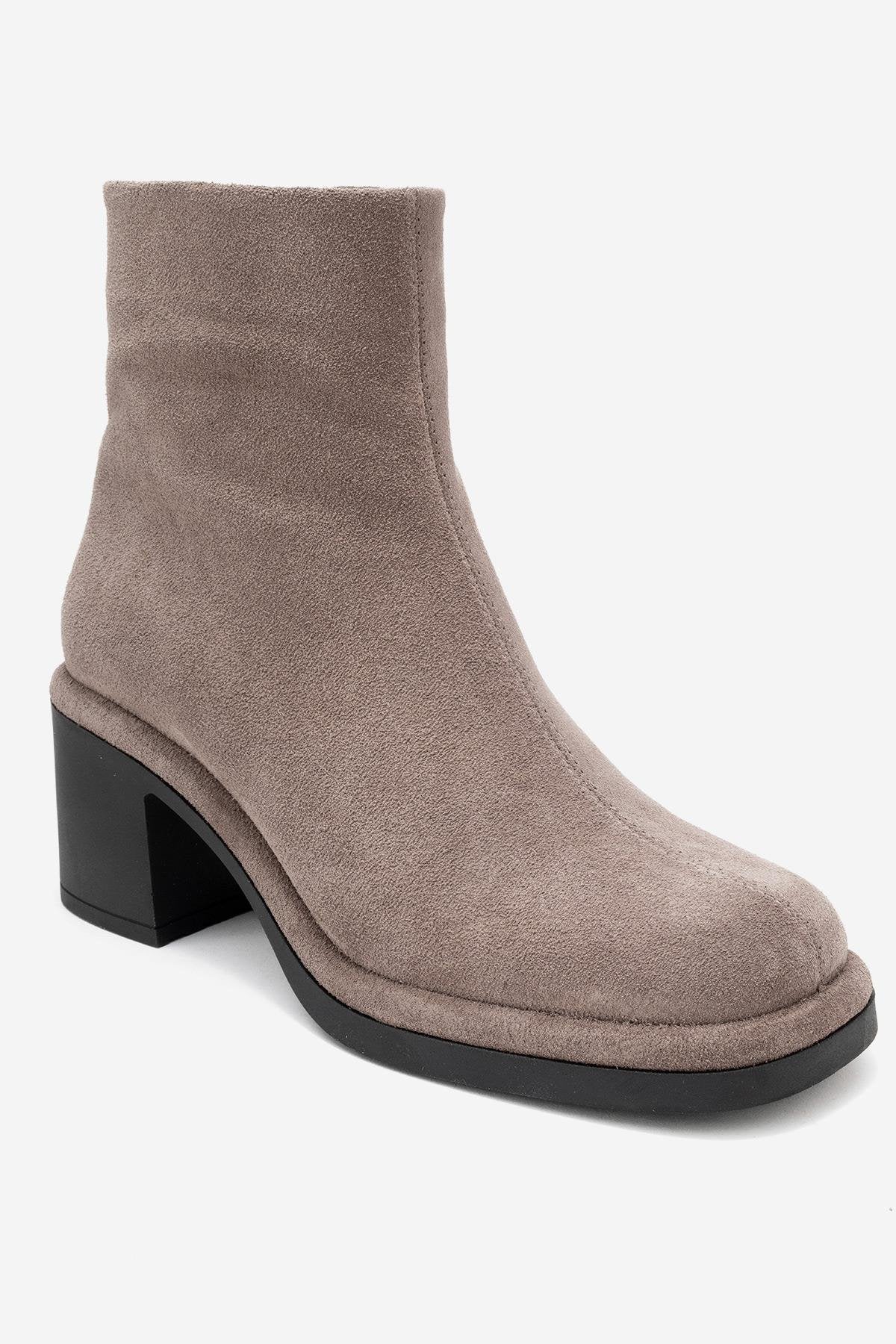 Junae - Taupe Genuine Leather Block Heel Boot – detail view showing leather, suede, Vowalisse