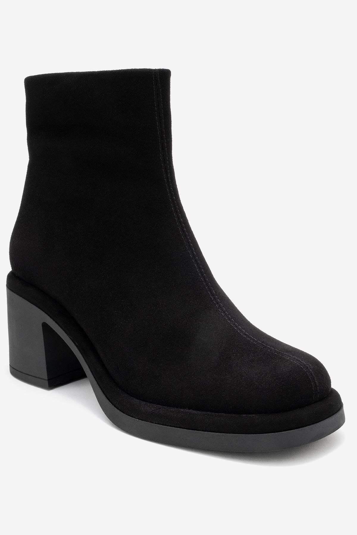 Junae - Black Genuine Leather Block Heel Boot – detail view showing leather, suede, black, Vowalisse
