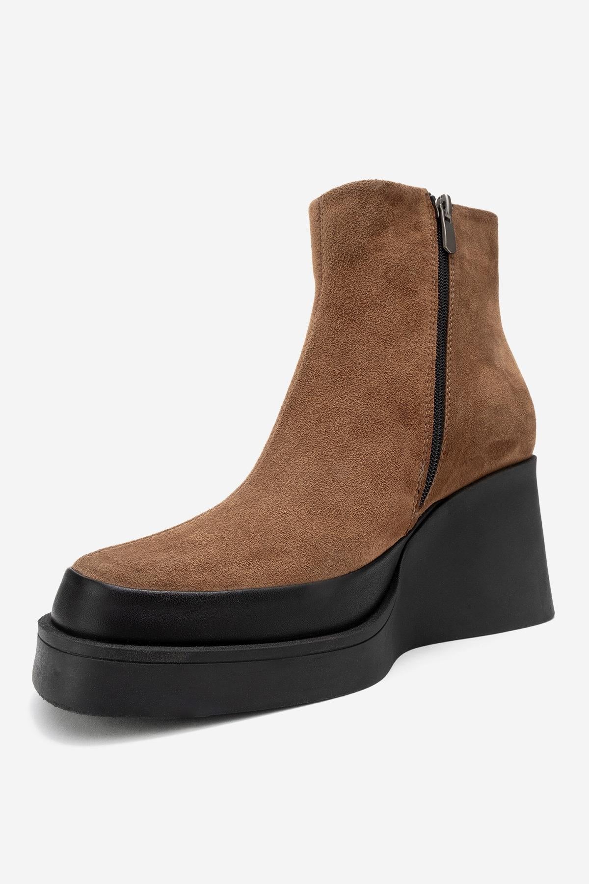 Livia - Cognac Genuine Leather Platform Wedge Boot – heel view showing leather, suede, Vowalisse