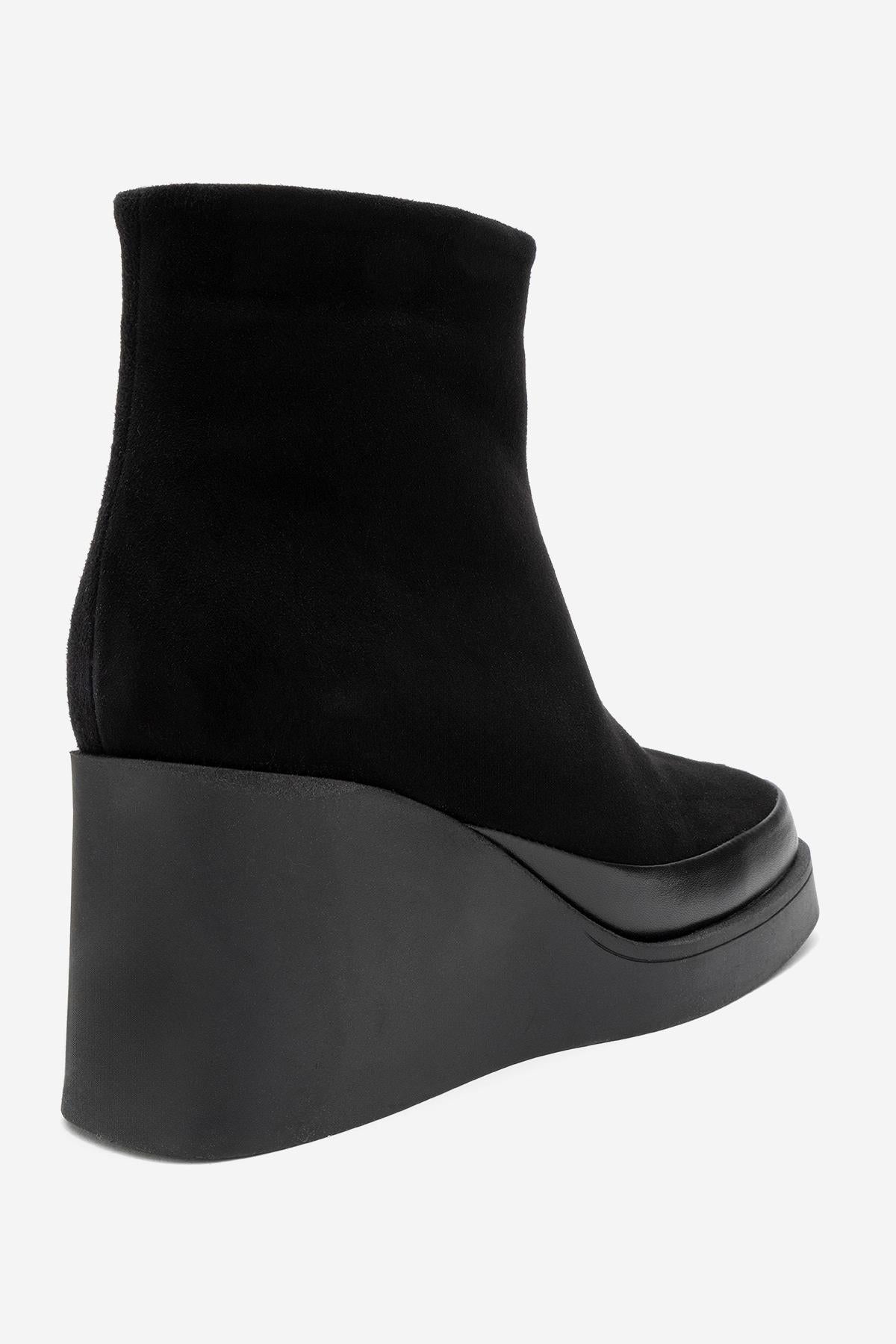 Livia - Black Genuine Leather Platform Wedge Boot – back view showing leather, suede, black, Vowalisse