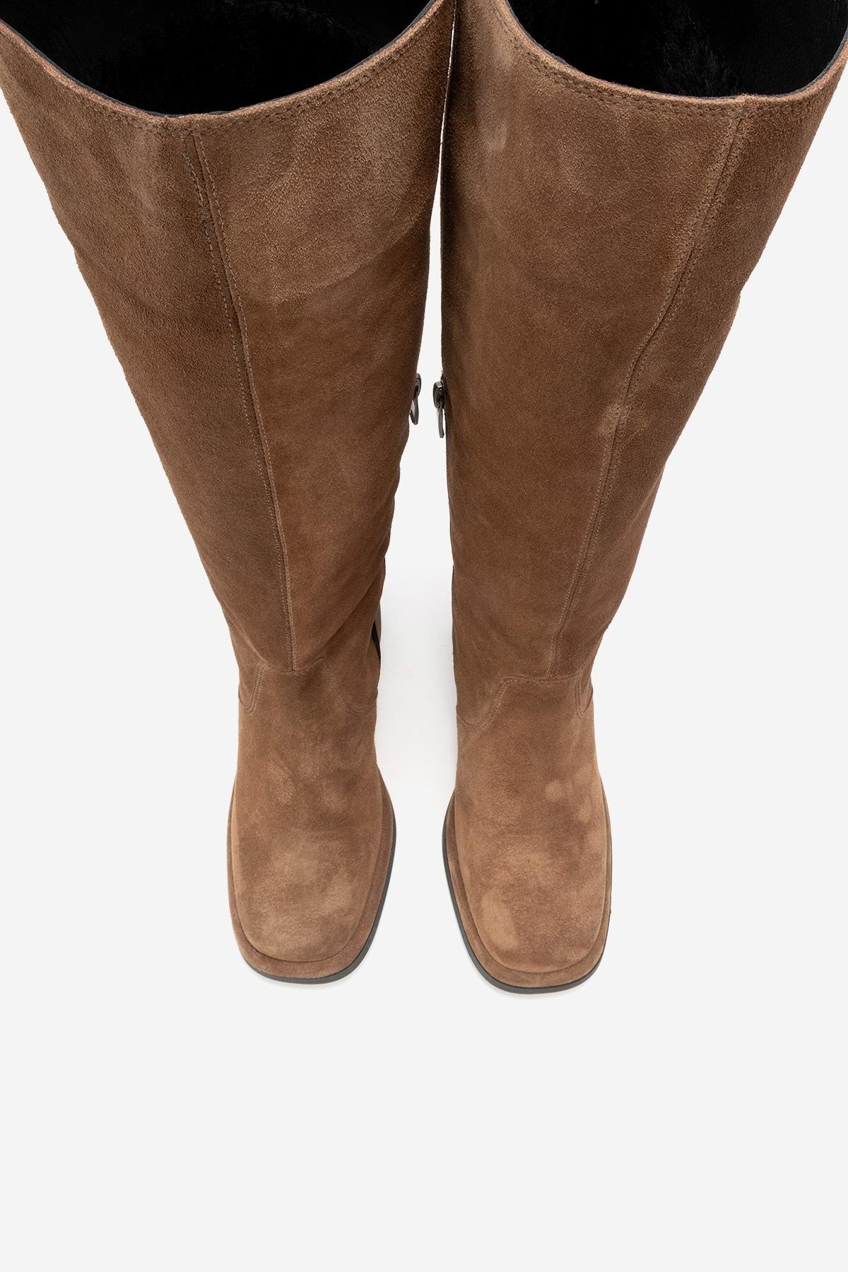 Fros - Cognac Genuine Leather Block Heel Knee-High Boot – side view showing leather, suede, Vowalisse