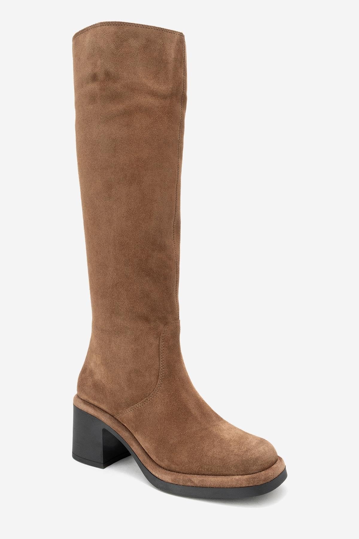 Fros - Cognac Genuine Leather Block Heel Knee-High Boot – detail view showing leather, suede, Vowalisse